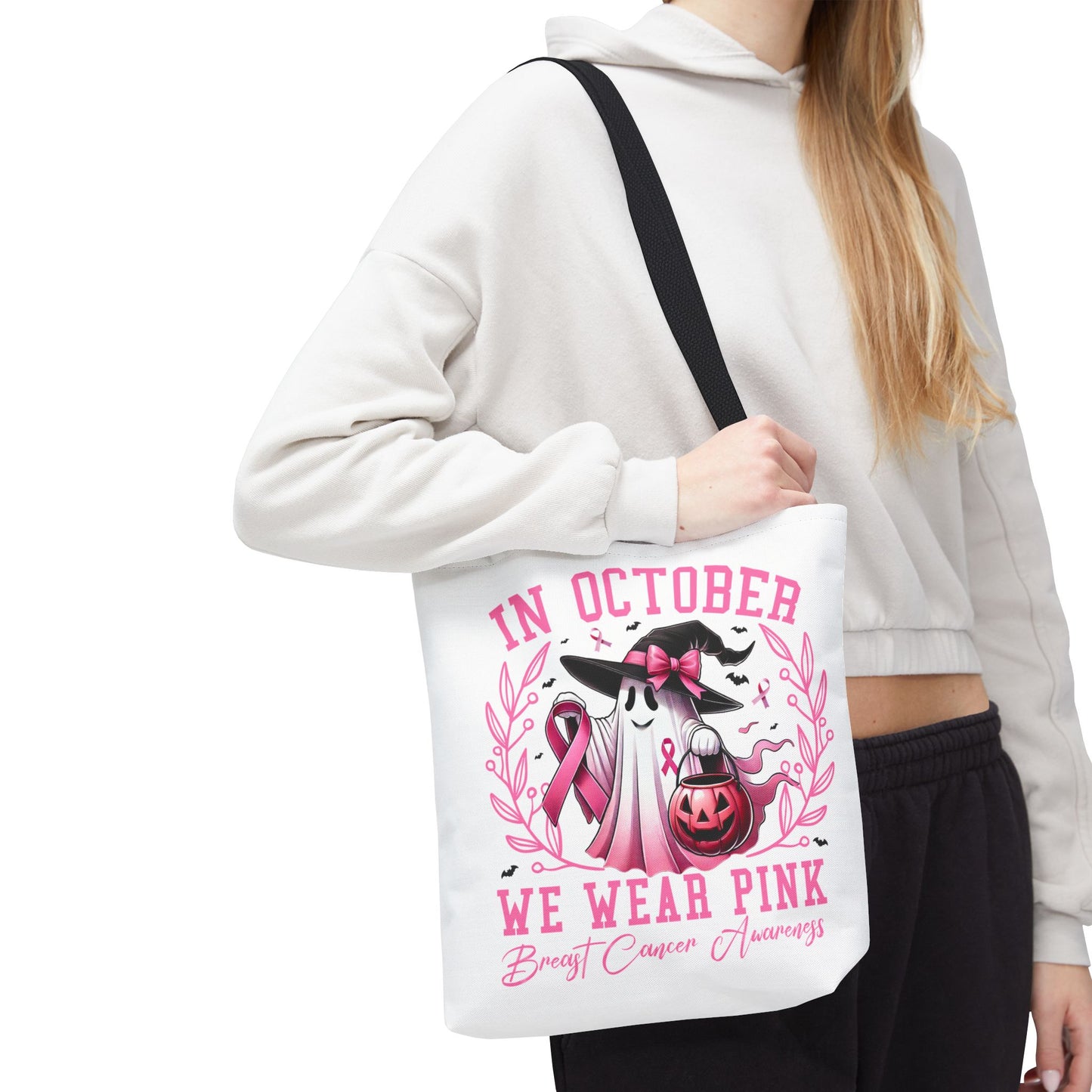 🎀 In October We Wear Pink Tote Bag – Breast Cancer Awareness with Spooky Charm 🎃