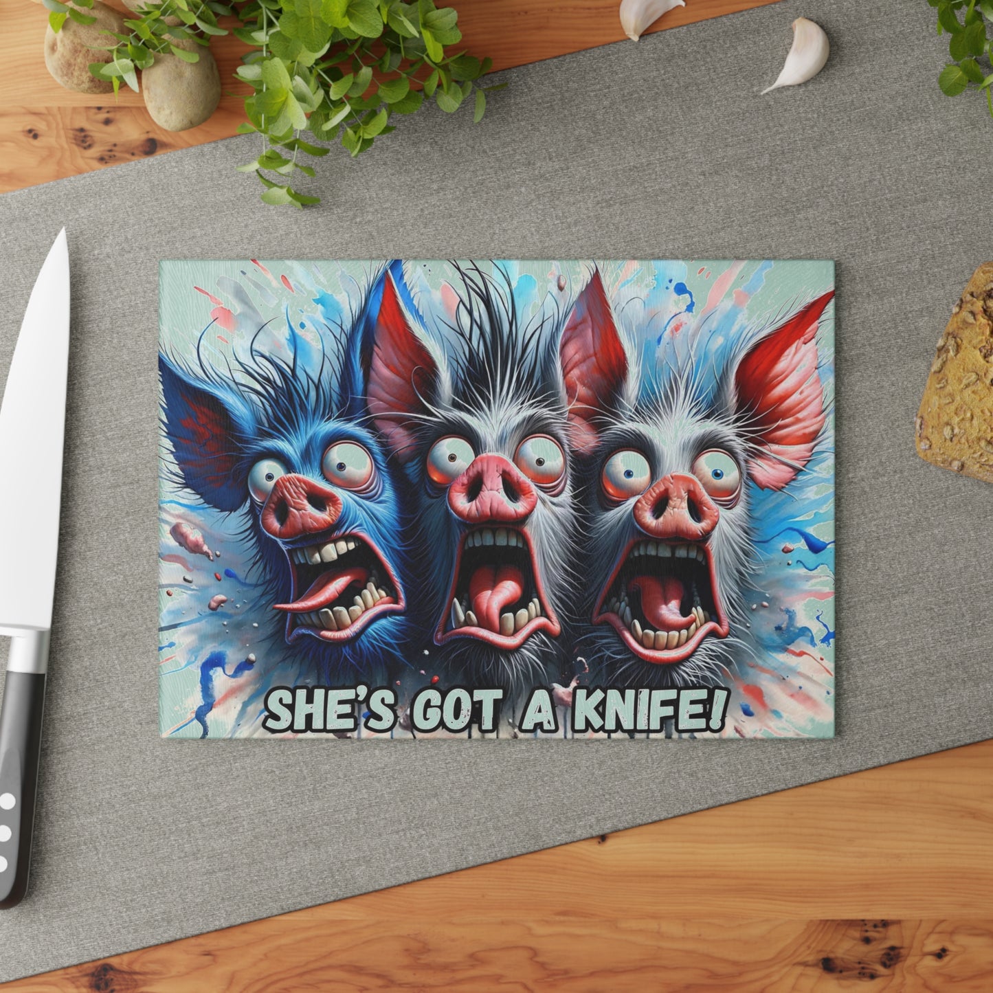 🐷🔪 “She’s Got a Knife!” Glass Cutting Board – Hilariously Spooky Farmhouse Vibes