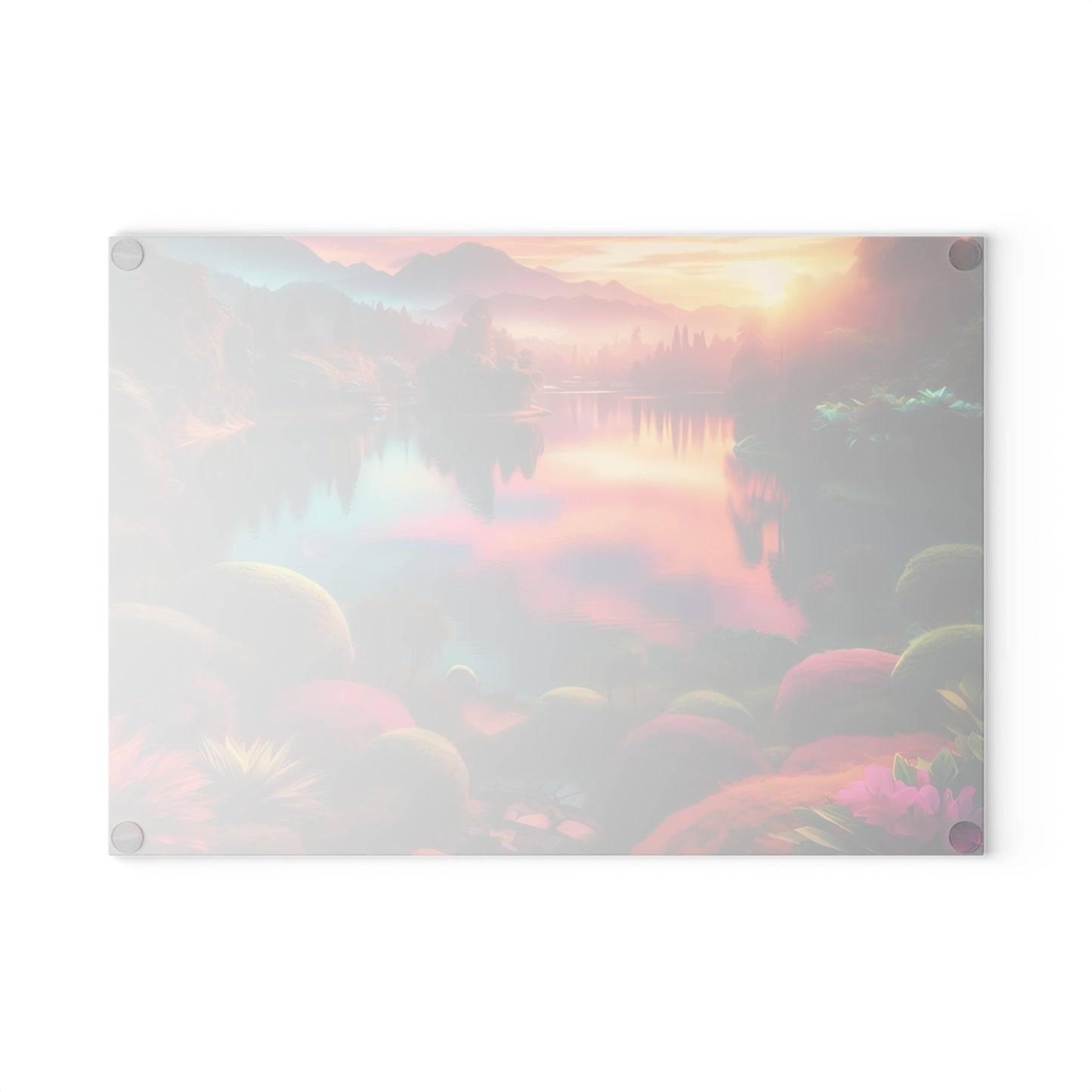 Tabla de cortar de vidrio Sunset Garden Serenity: vista al lago de ensueño para cocinas artísticas