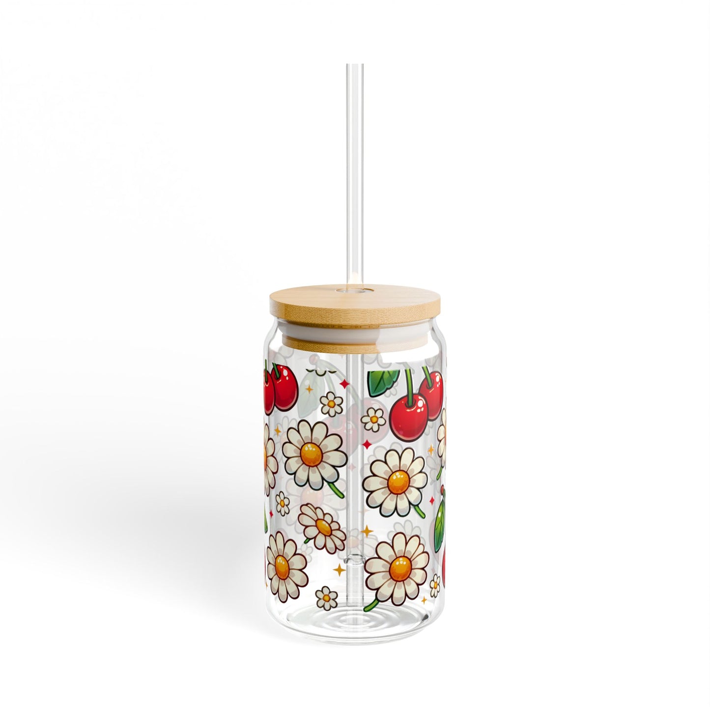 🍒🌼 Cherry & Daisy Delight Sipper Glass – Sweet Retro Fun for Every Sip 💫