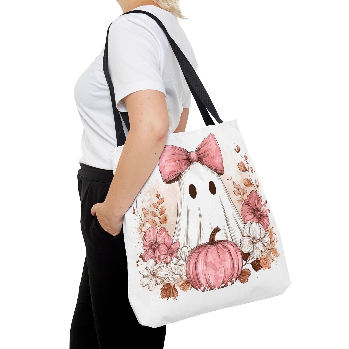 ๐ป Pink Bow Ghost Floral Halloween Tote Bag โ Spooky Cute with Fall Charm ๐๐