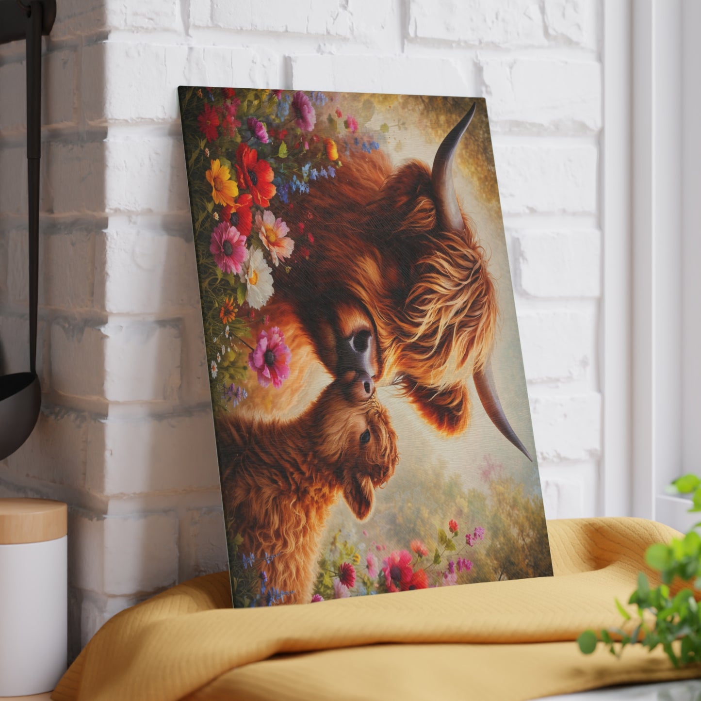 Highland Cow and Calf Floral Glass Kitchen Surface – Warm Farmhouse Style Artwork