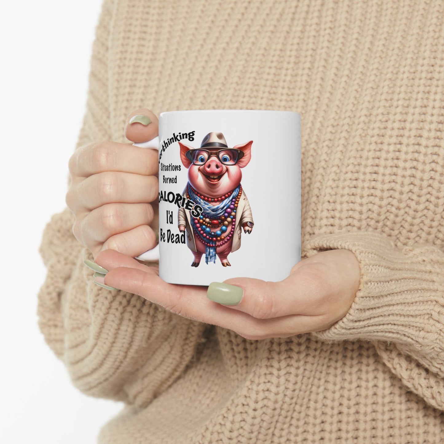 🐷 No cuento calorías – Taza de café con cerdito gracioso y cuentas 💎