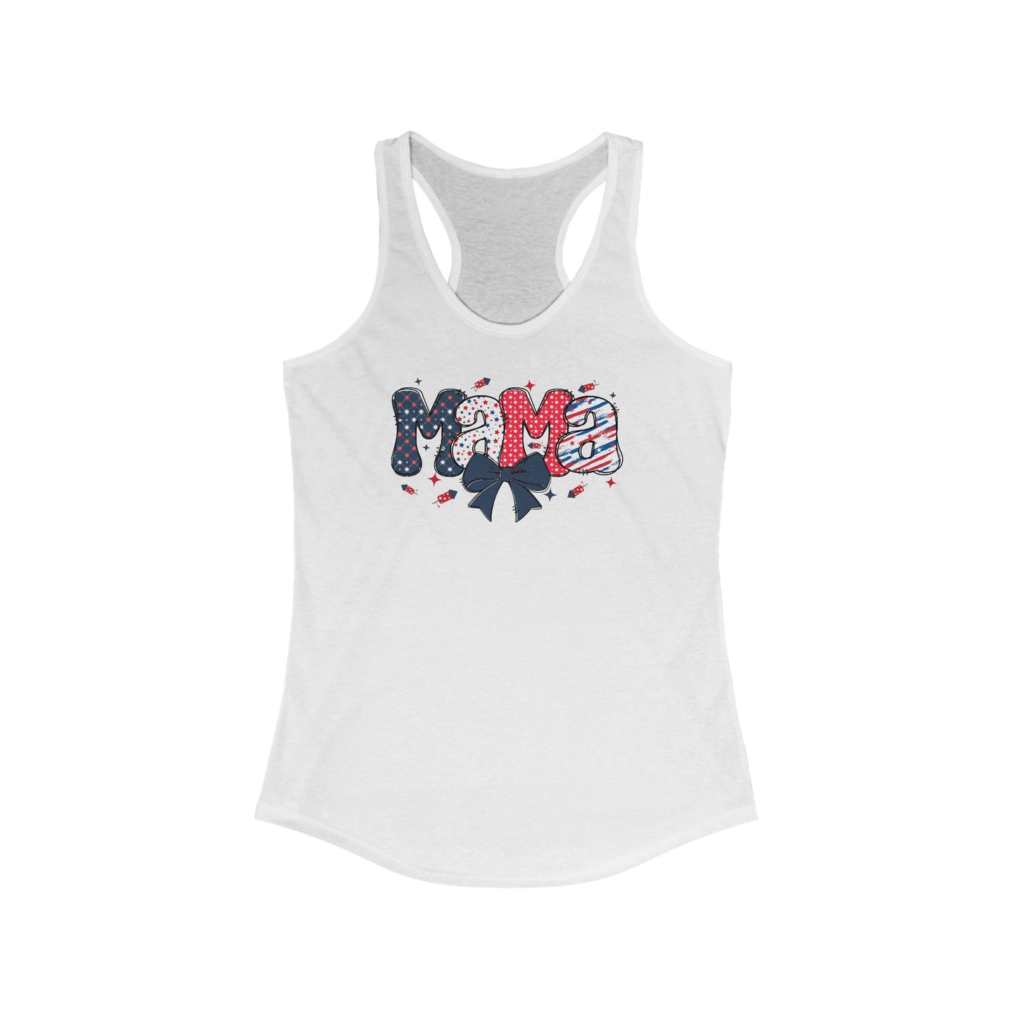 Camiseta de tirantes con espalda deportiva "Mamá Fuegos Artificiales" - Diseño patriótico del 4 de julio con lazo y gráficos de fuegos artificiales | Camiseta de tirantes de verano para mujer
