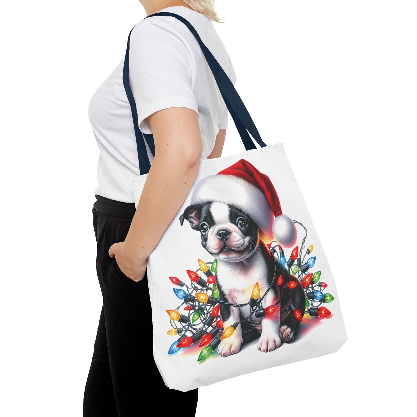 👜 Boston Terrier Christmas Lights Tote Bag – Holiday Sparkle Meets Puppy Love 🎄