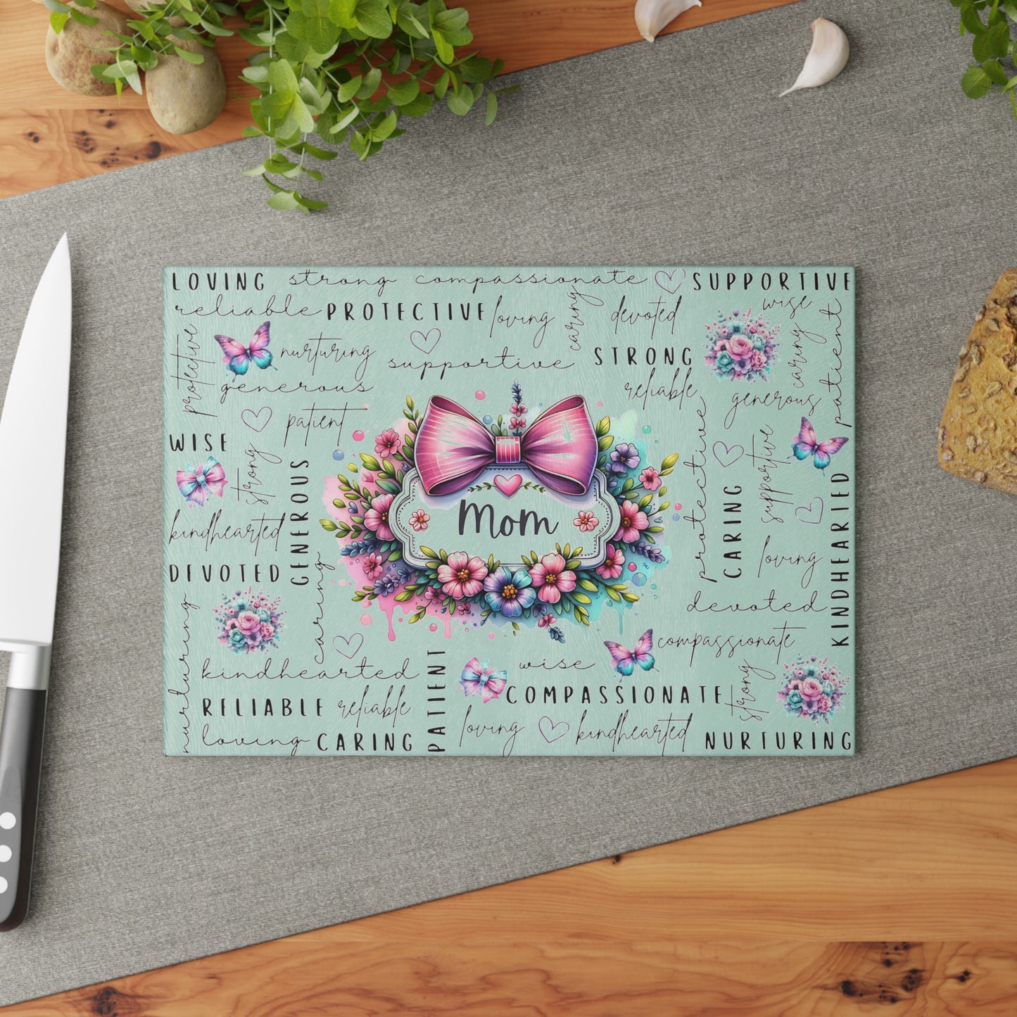 🐾🌸 Mom Pink Bow Floral Cutting Board – Elegant Gift of Love for the Heart of the Home 💕🌼