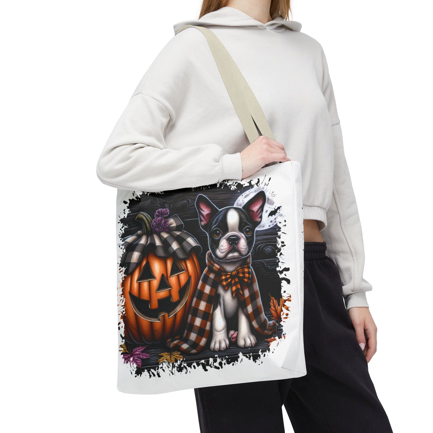 🎃 Boston Terrier Halloween Tote Bag – Spooky Cute with Plaid Style 🐾🖤👜