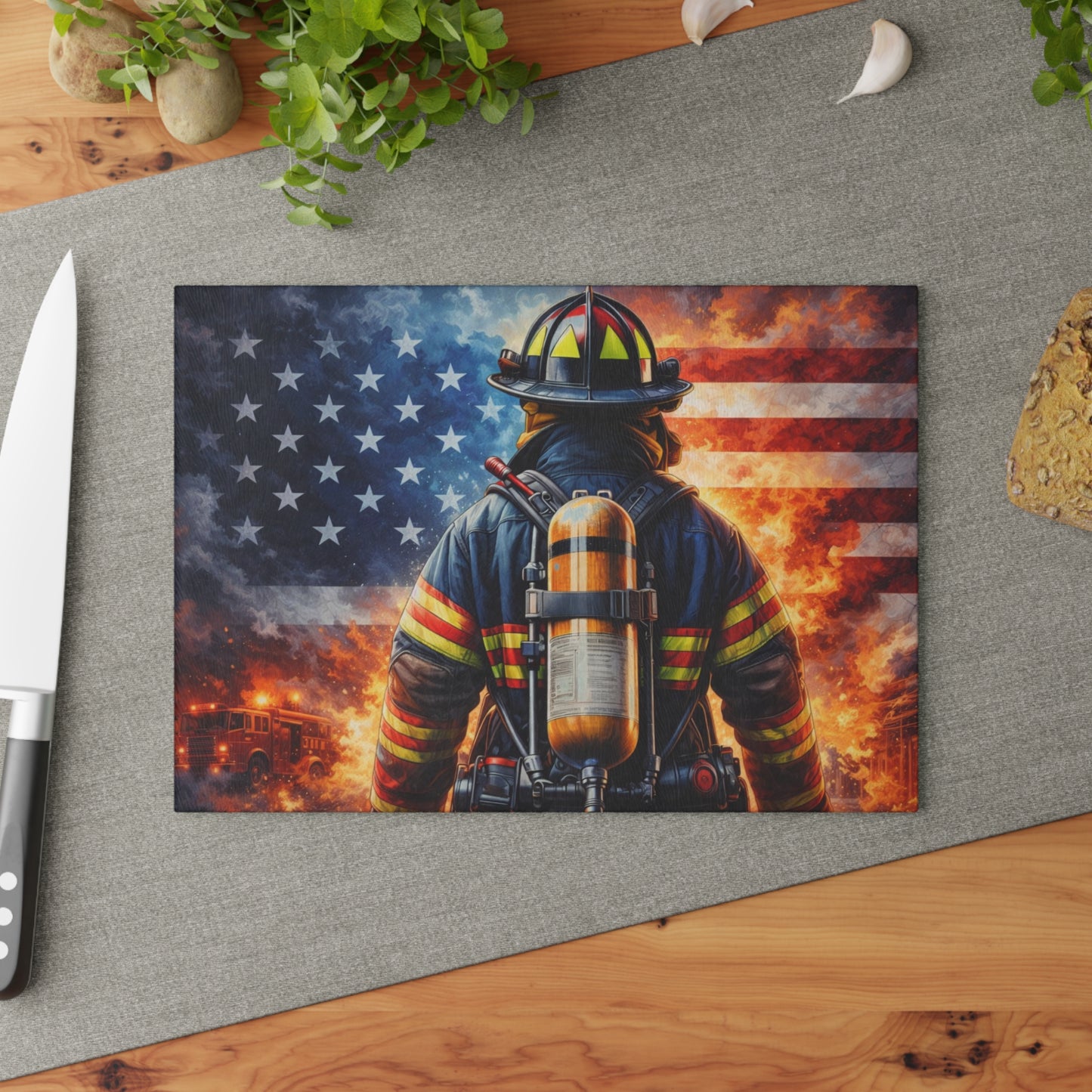 American Firefighter Tribute Glass Cutting Board – Patriotic Hero Kitchen Art