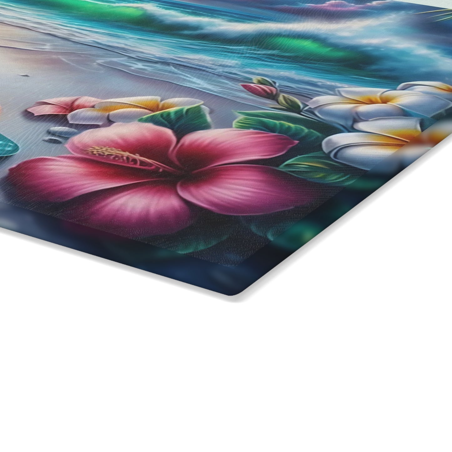 Tabla de cortar de vidrio "Día de Playa Tropical" - Decoración de cocina con ambiente veraniego, decoración costera, arte oceánico, regalo playero, tabla de cortar de vidrio, decoración de cocina tropical, aspecto pintado a mano, escena playera