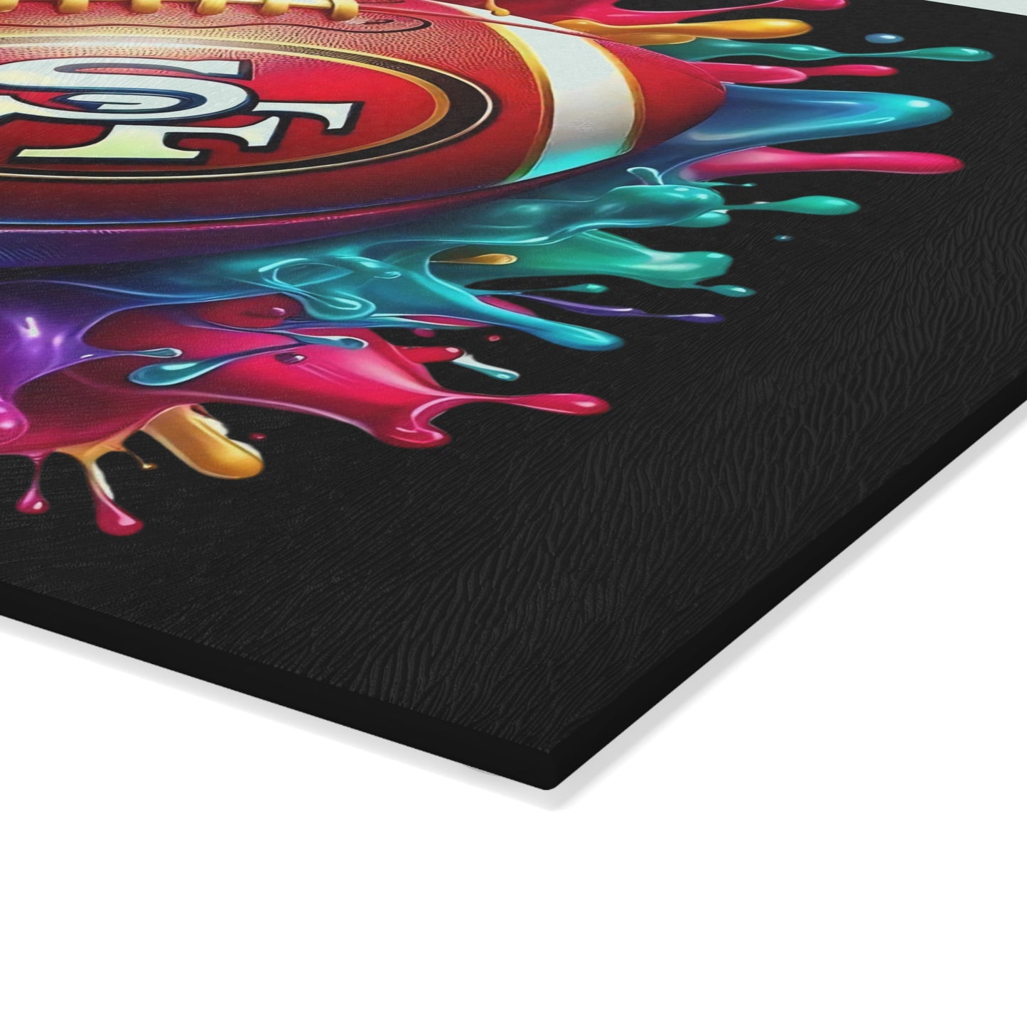 Tabla de cortar de vidrio con diseño de bola salpicada en rojo y dorado: un toque artístico y audaz para la cocina con una explosión de colores vibrantes.