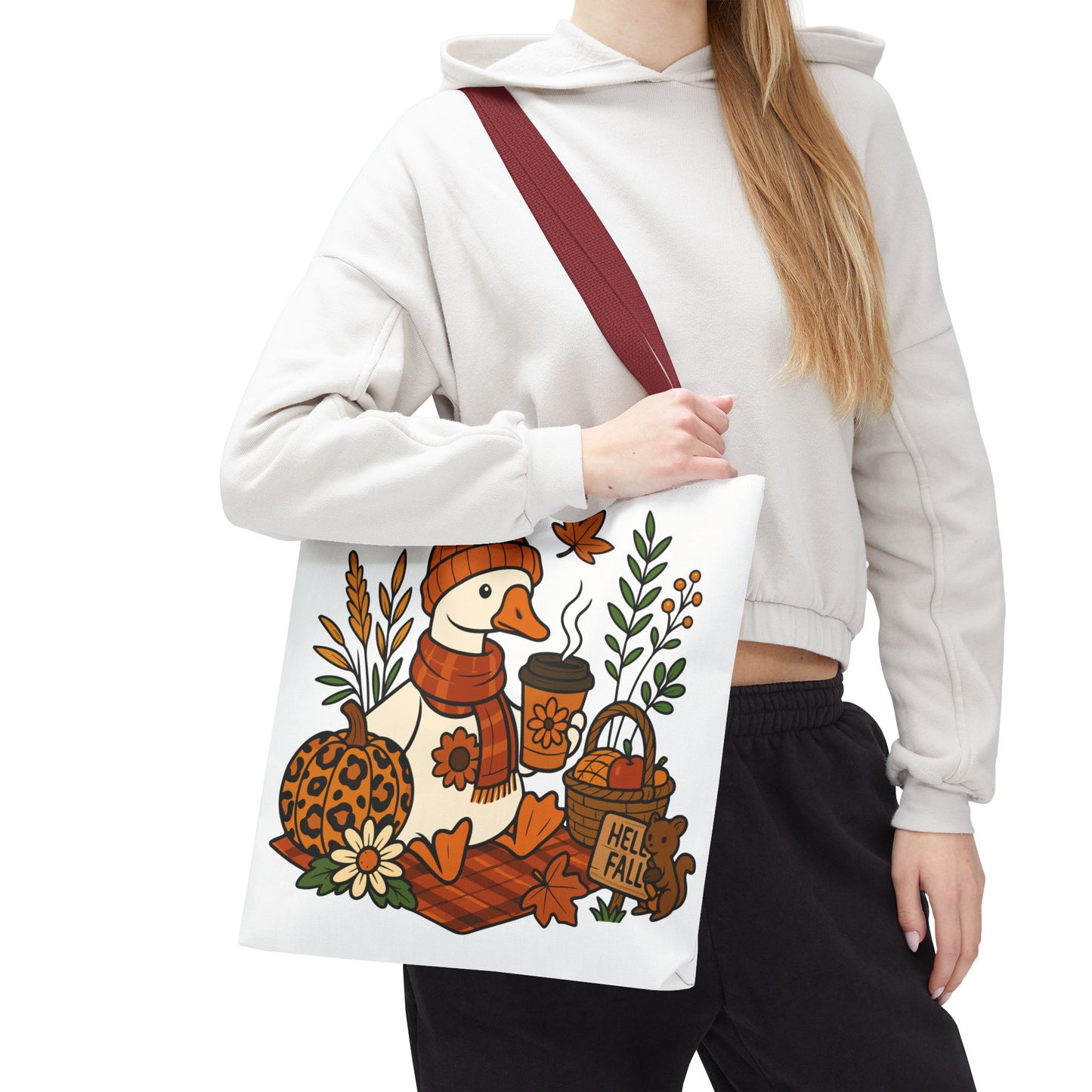 🧣 Hello Fall Cozy Duck Tote Bag – A Quirky Autumn Hug in a Bag 🍂🦆