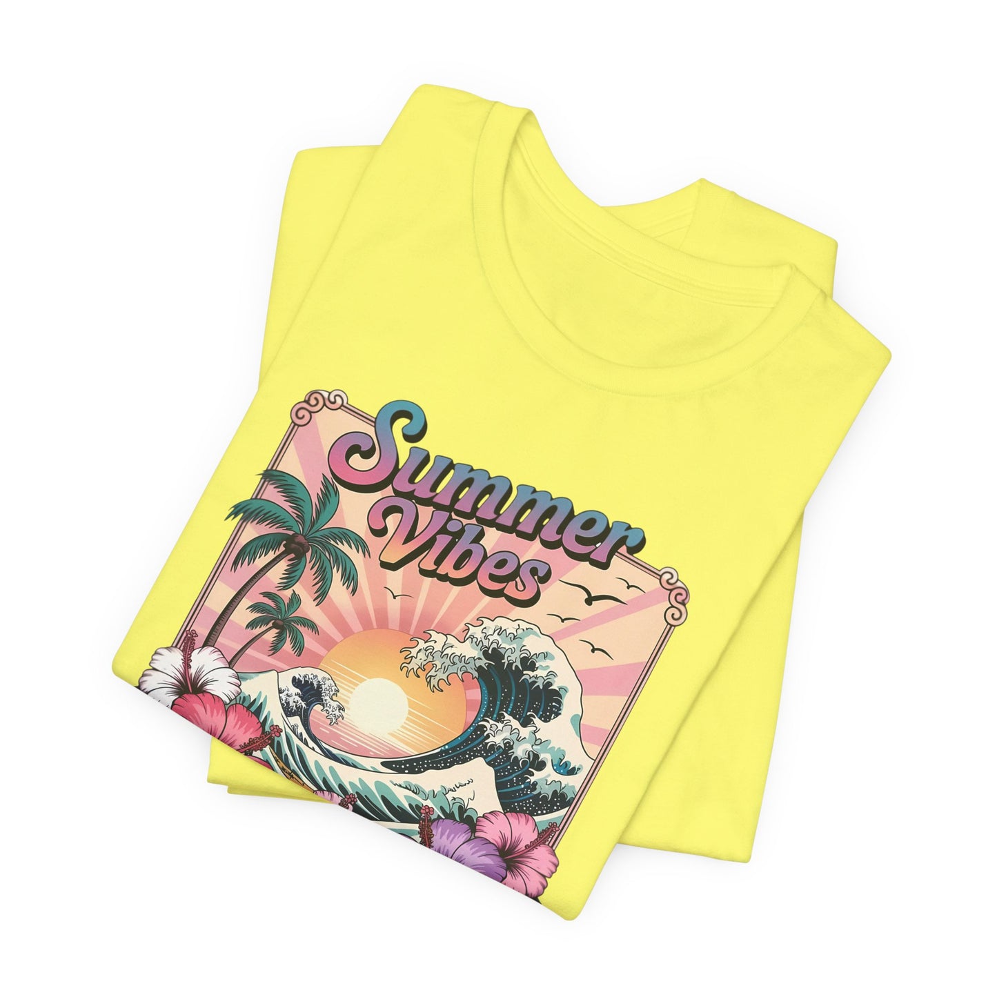 ☀️ Camiseta Summer Vibes – Ola playera vibrante, hibisco y palmeras | Camiseta gráfica para mujer