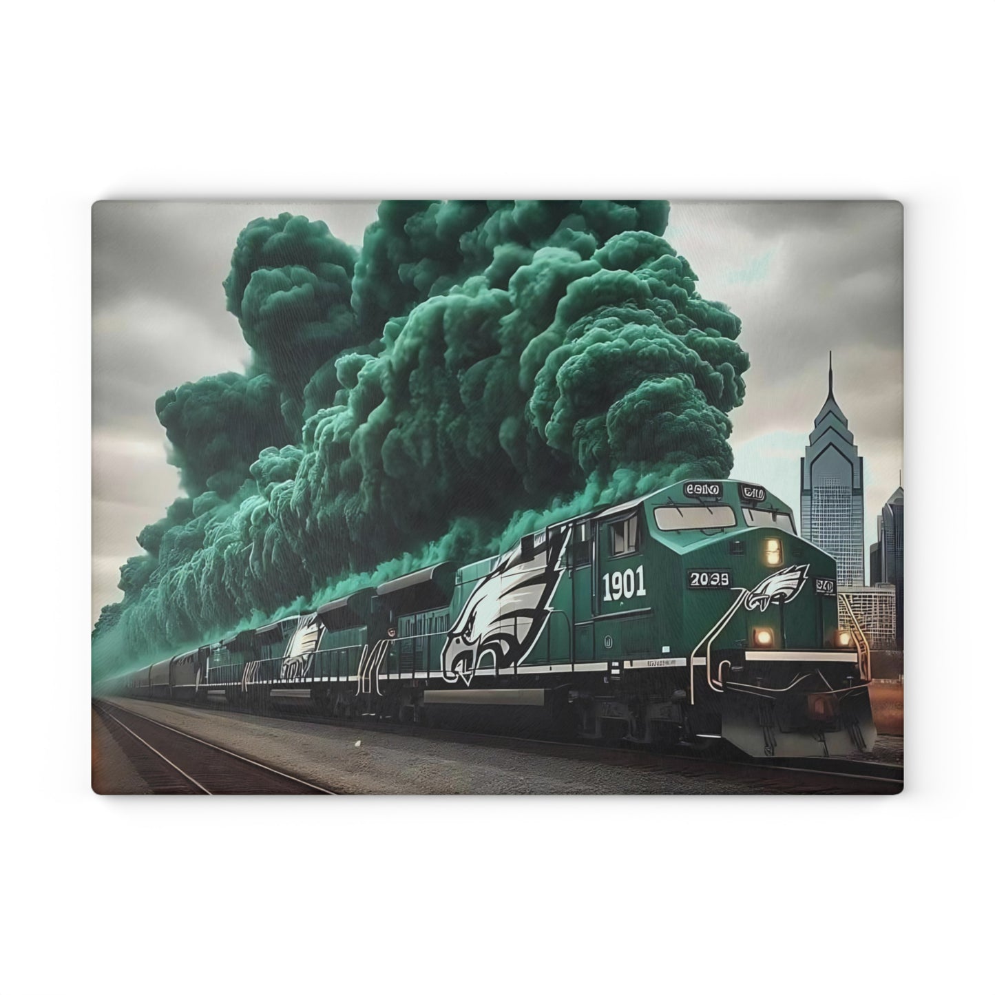 Tabla de cortar de vidrio Express verde oscuro y plateado: arte de tren con un toque atrevido para cocinas atemporales y audaces