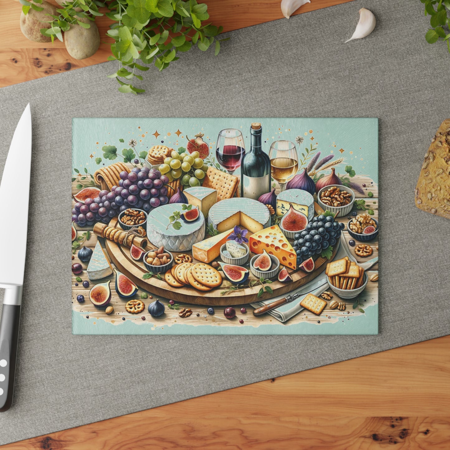 🍷🧀 “Gourmet Spread & Sparkle” Glass Cutting Board – Cozy Charm for Your Kitchen
