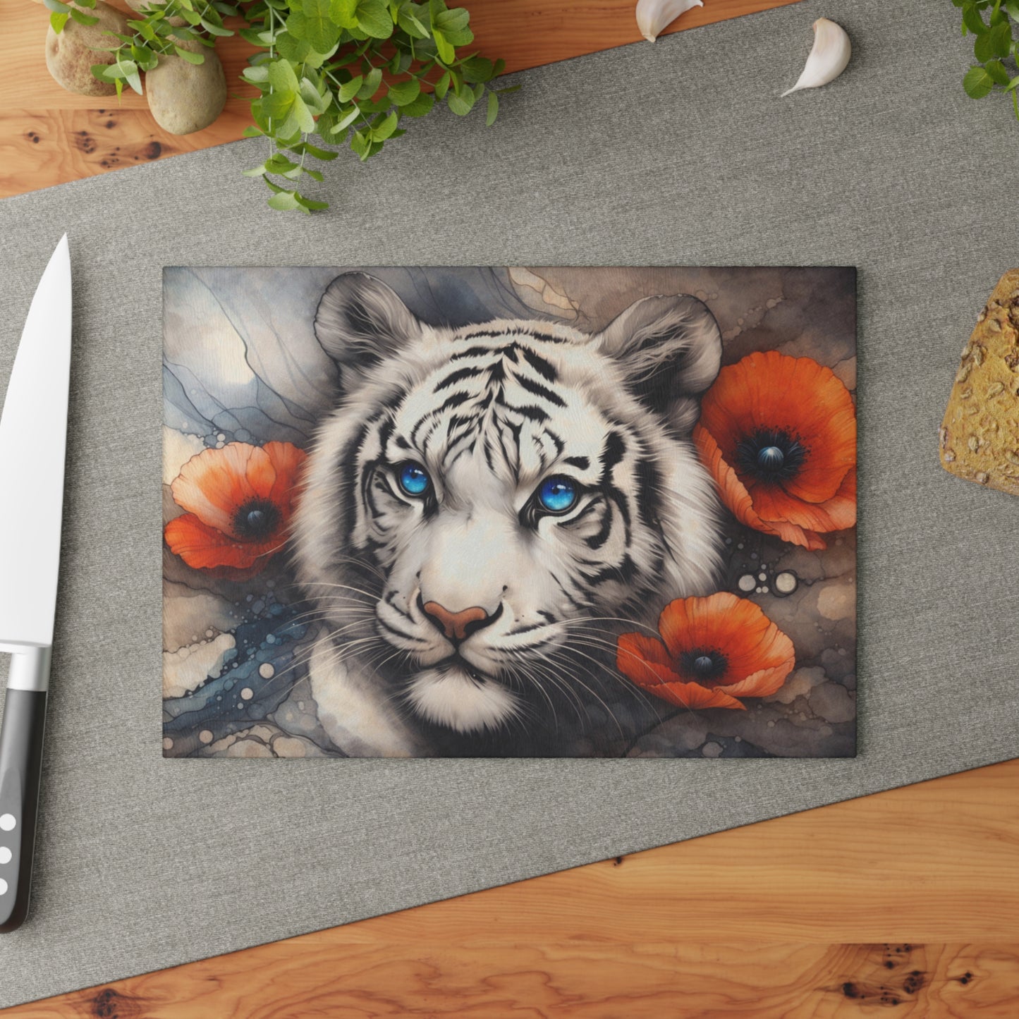 White Tiger with Blue Eyes Glass Cutting Board – Elegant Wildlife Floral Artwork