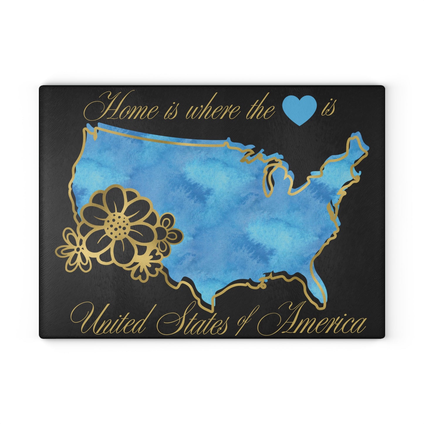 USA Floral Cutting Board – Blue Watercolor Elegance with Golden American Charm 💙