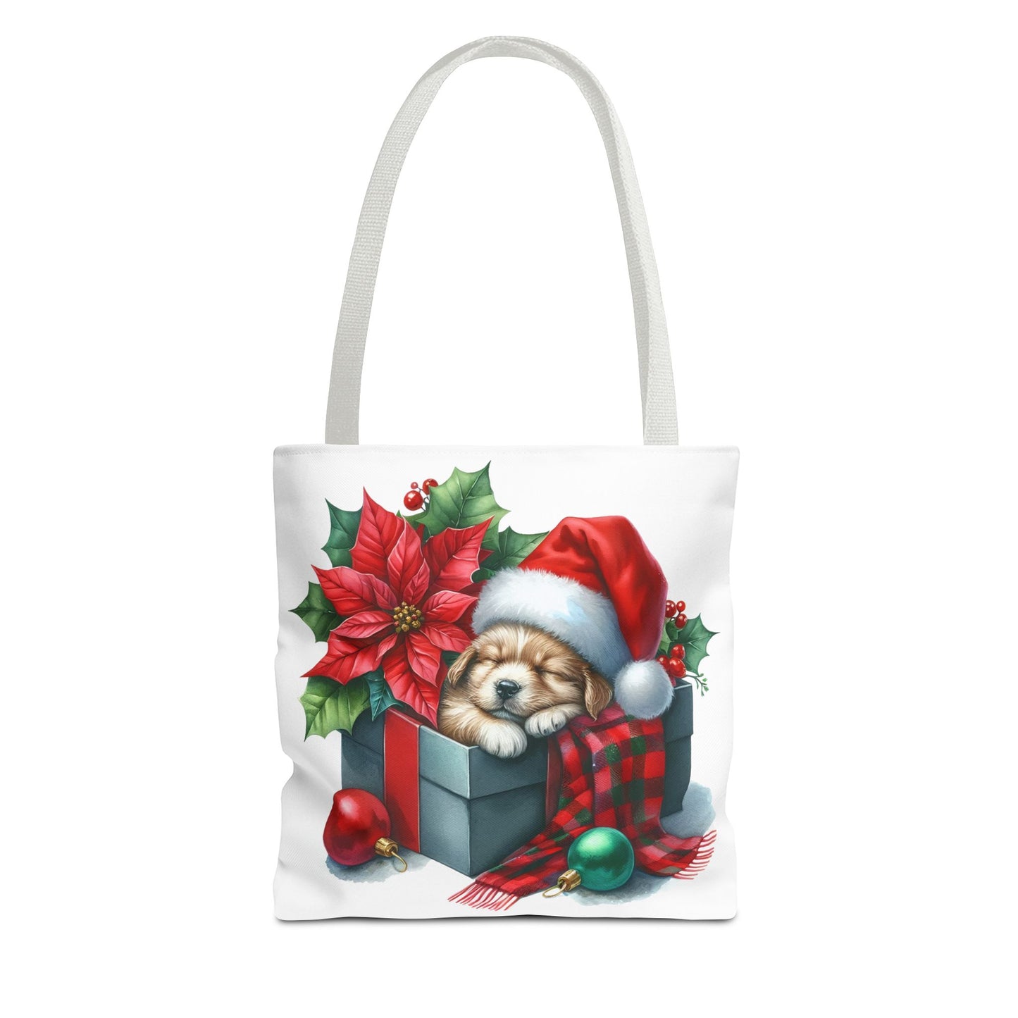 🎁 Sleeping Puppy in Gift Box Christmas Tote – Cozy Holiday Charm for Dog Lovers 🐾