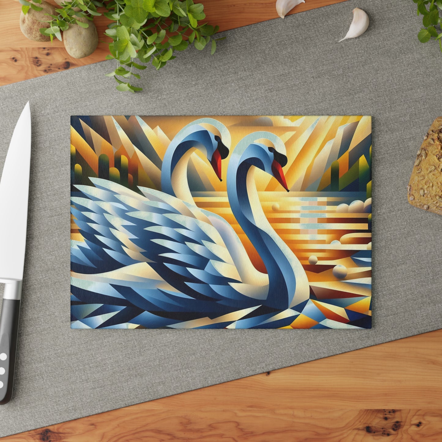 Two Cubist Swans Glass Cutting Board – Artistic River Scene