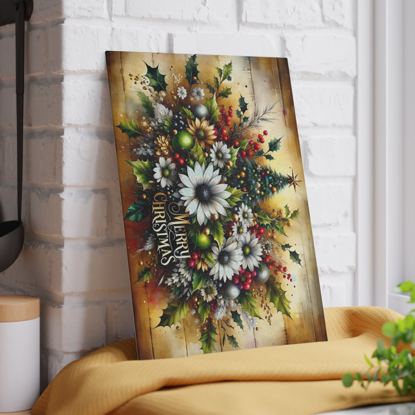 🎄✨ “Merry Christmas Florals” Glass Cutting Board – Festive Farmhouse Glow for Your Kitchen