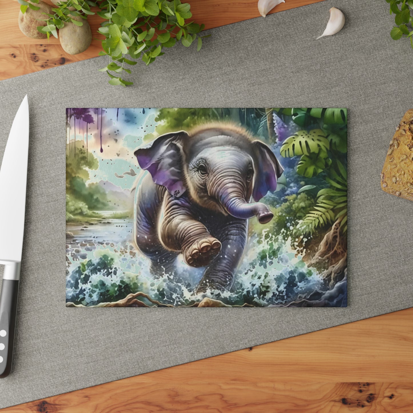 🐘 Jungle Baby Elephant Splash Cutting Board – Playful Safari Energy for Your Kitchen