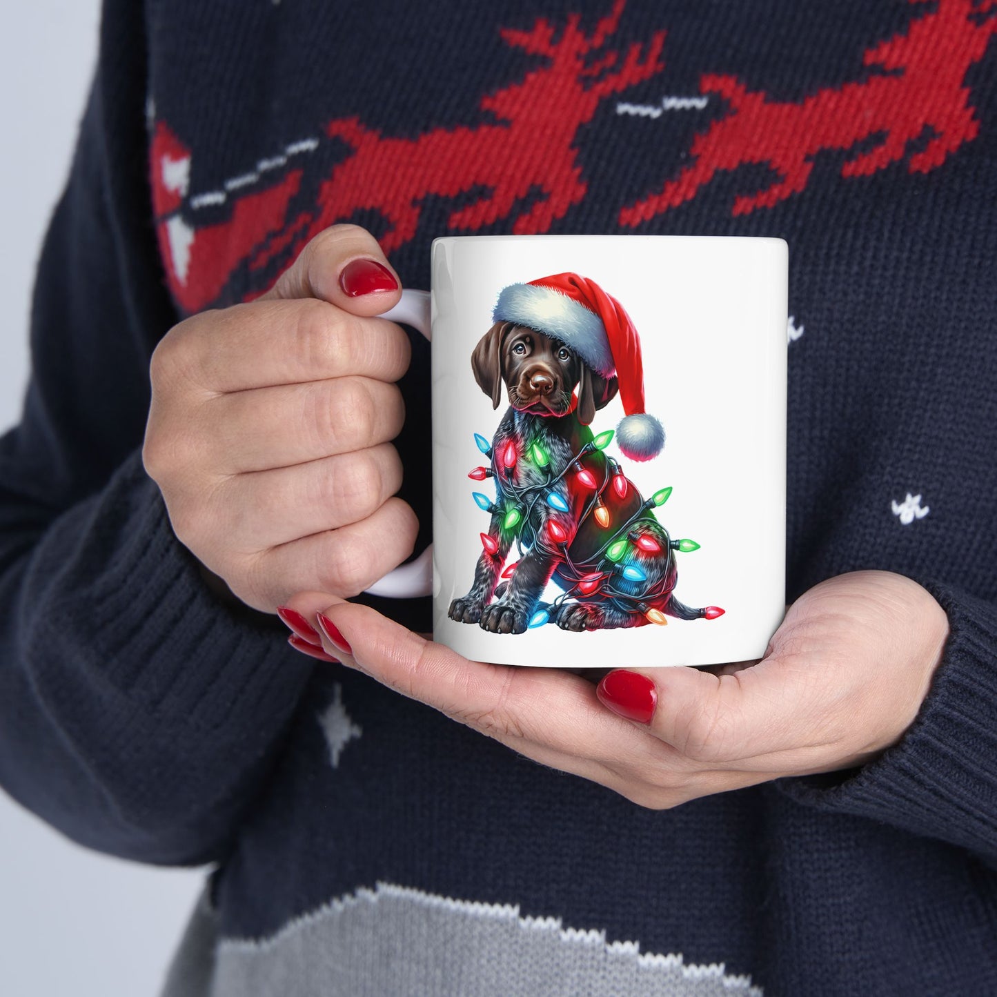 🎄 German Shorthair Pointer Christmas Mug – Holiday Cheer Wrapped in Lights 🎄