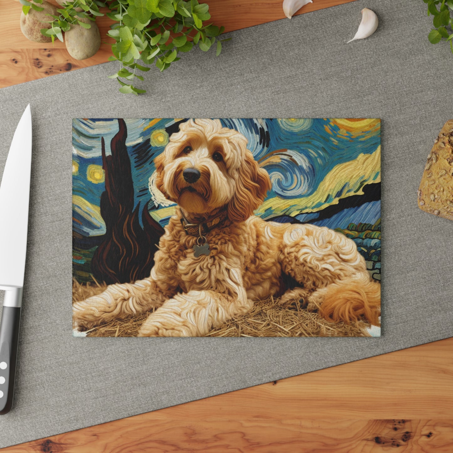 🌙 Golden Doodle Starry Night Cutting Board – Swirls of Charm & Canine Cuteness 🐾