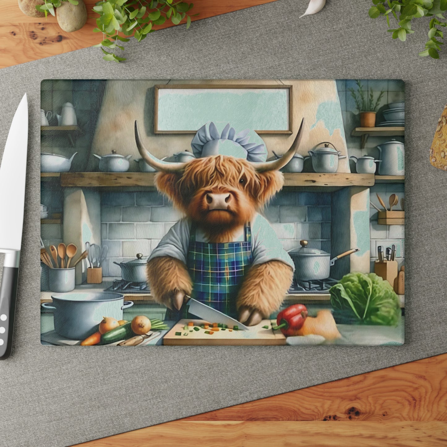 Tabla de cortar de vidrio Highland Cow Chef: decoración divertida para cocinas de estilo rústico