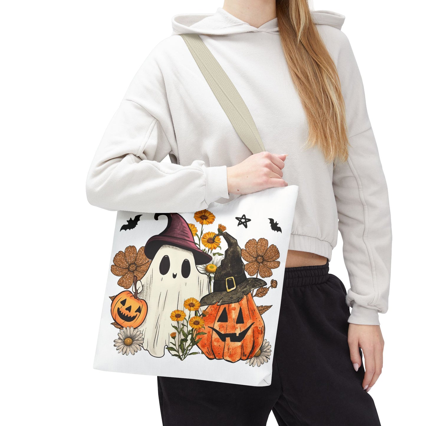 🎃 Ghost & Pumpkin Floral Tote Bag – Whimsical Halloween Charm 👻👜