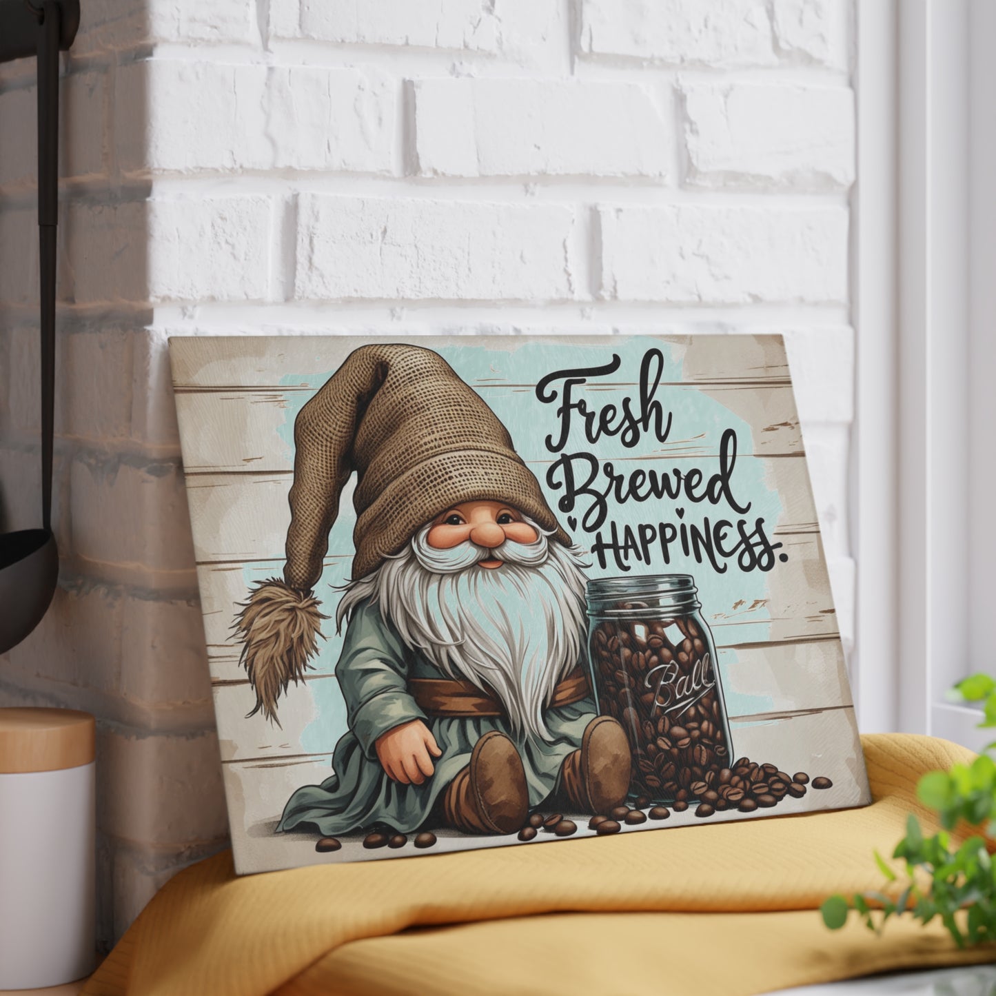 ☕🧙 Fresh Brewed Happiness Cutting Board – Rustic Coffee Gnome Kitchen Décor with Beans & Charm 🌿✨