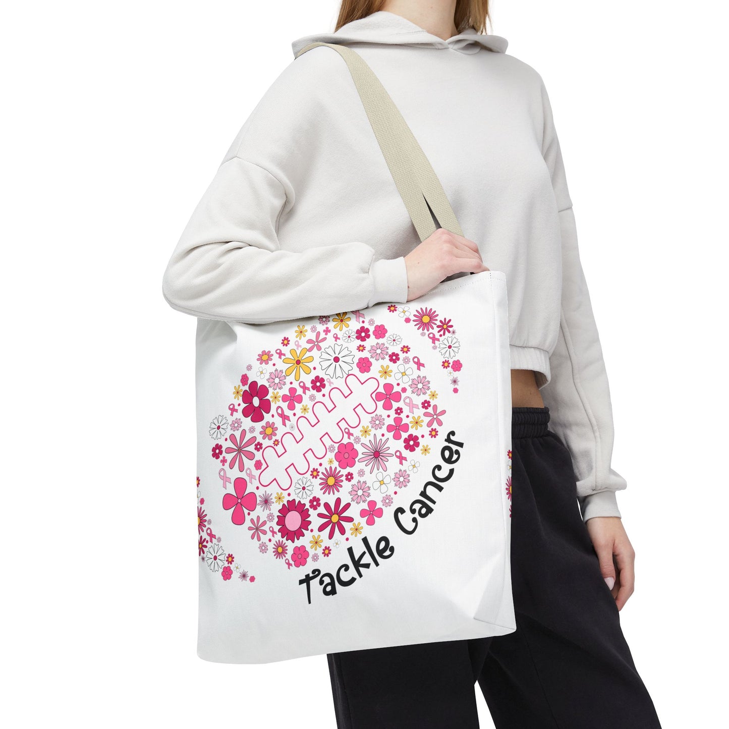 ๐ธ Pink Floral Football Tote Bag โ Game Day Meets Breast Cancer Awareness ๐๐