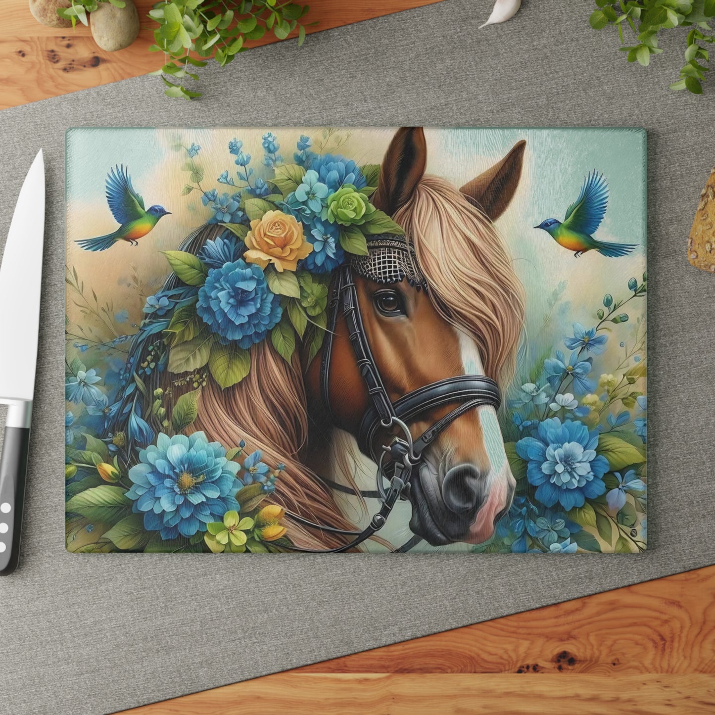 Hermosa tabla de cortar de caballo, tabla de cortar de vidrio templado, tabla de charcutería, tabla de cortar, regalo de inauguración de la casa, tabla de cortar personalizada