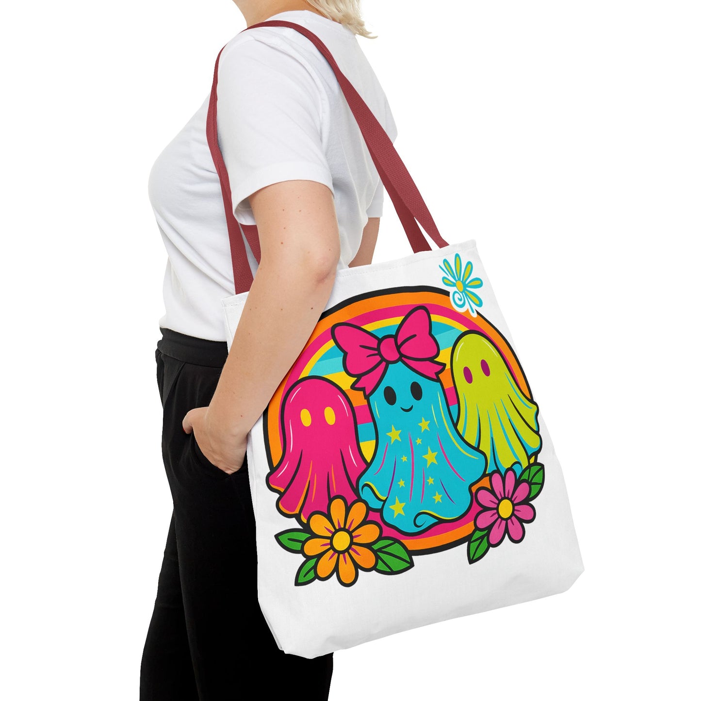 ๐ Retro Rainbow Ghosts Tote Bag โ Groovy Spooky Fun ๐ป๐
