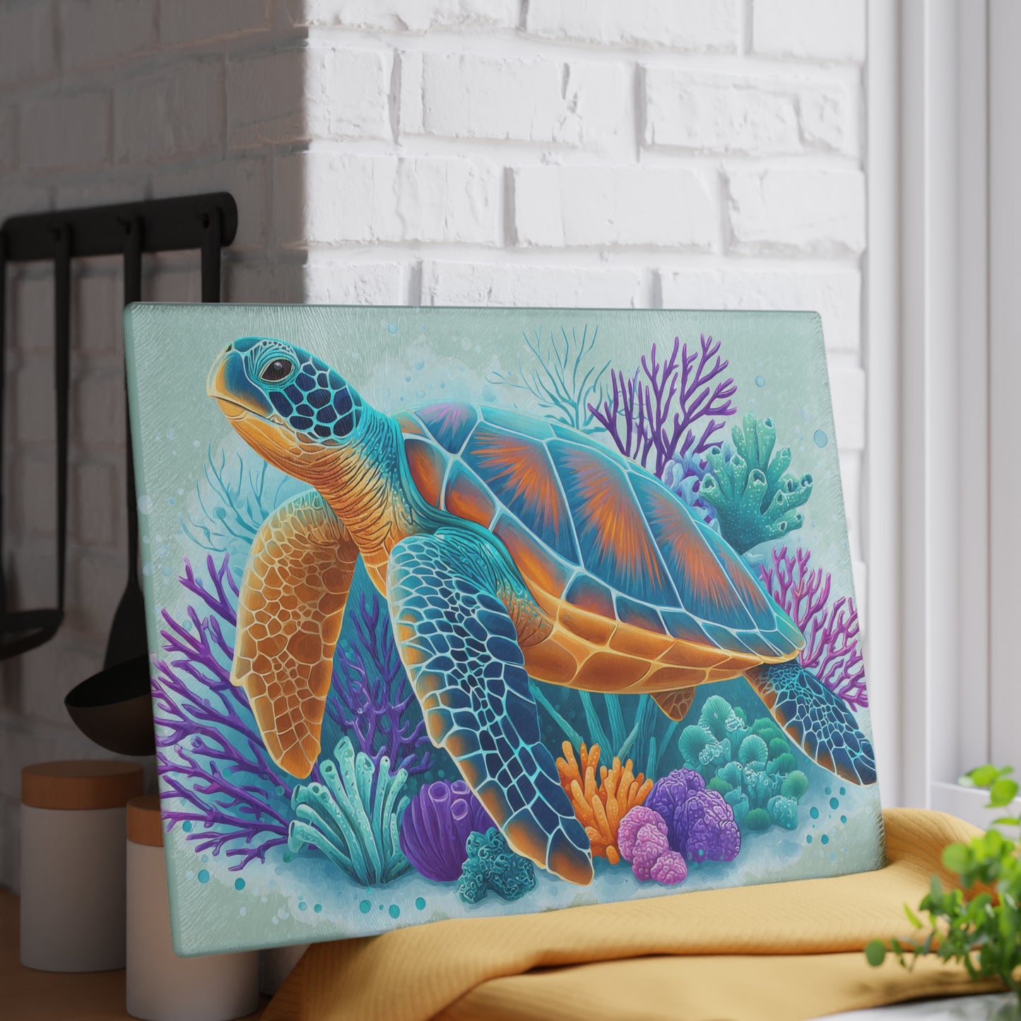Tabla de cortar con diseño de tortuga de arrecife vibrante: sumérgete en el color del océano