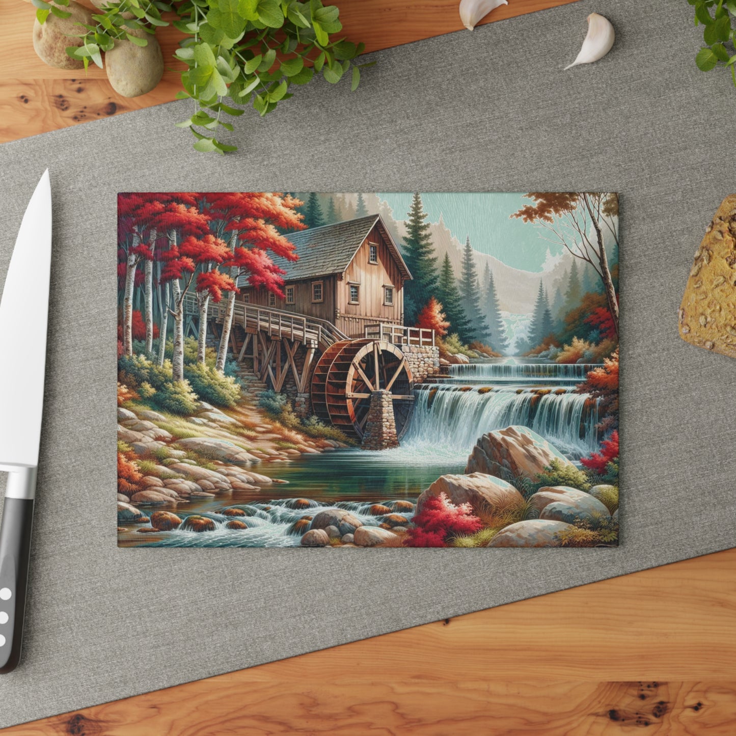🍁 Autumn Watermill Cutting Board – Rustic Charm Meets Tranquil Fall Beauty