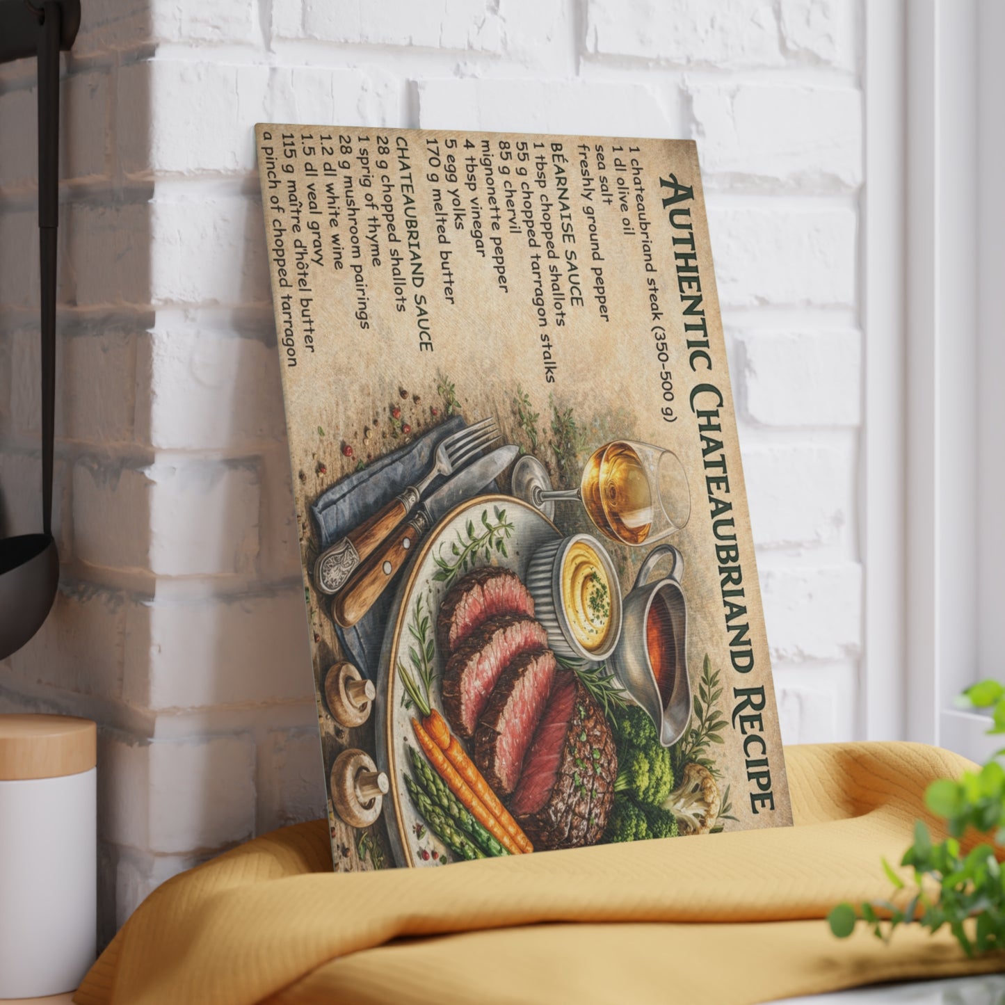 Authentic Chateaubriand Recipe Glass Cutting Board – Classic French Steak Kitchen Art