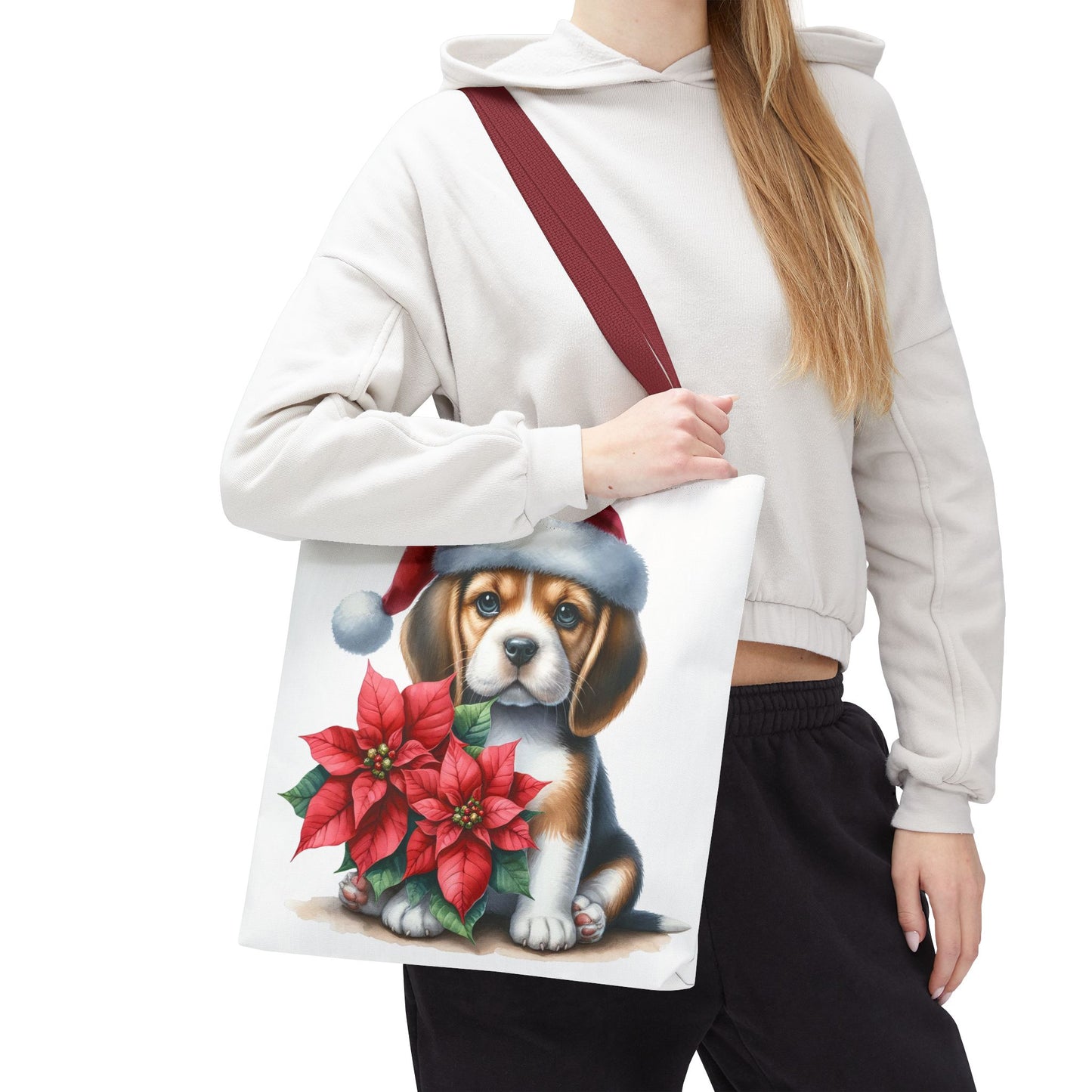 🐶 Beagle Puppy & Poinsettia Christmas Tote Bag – Sweet Holiday Charm in Every Step 🎄