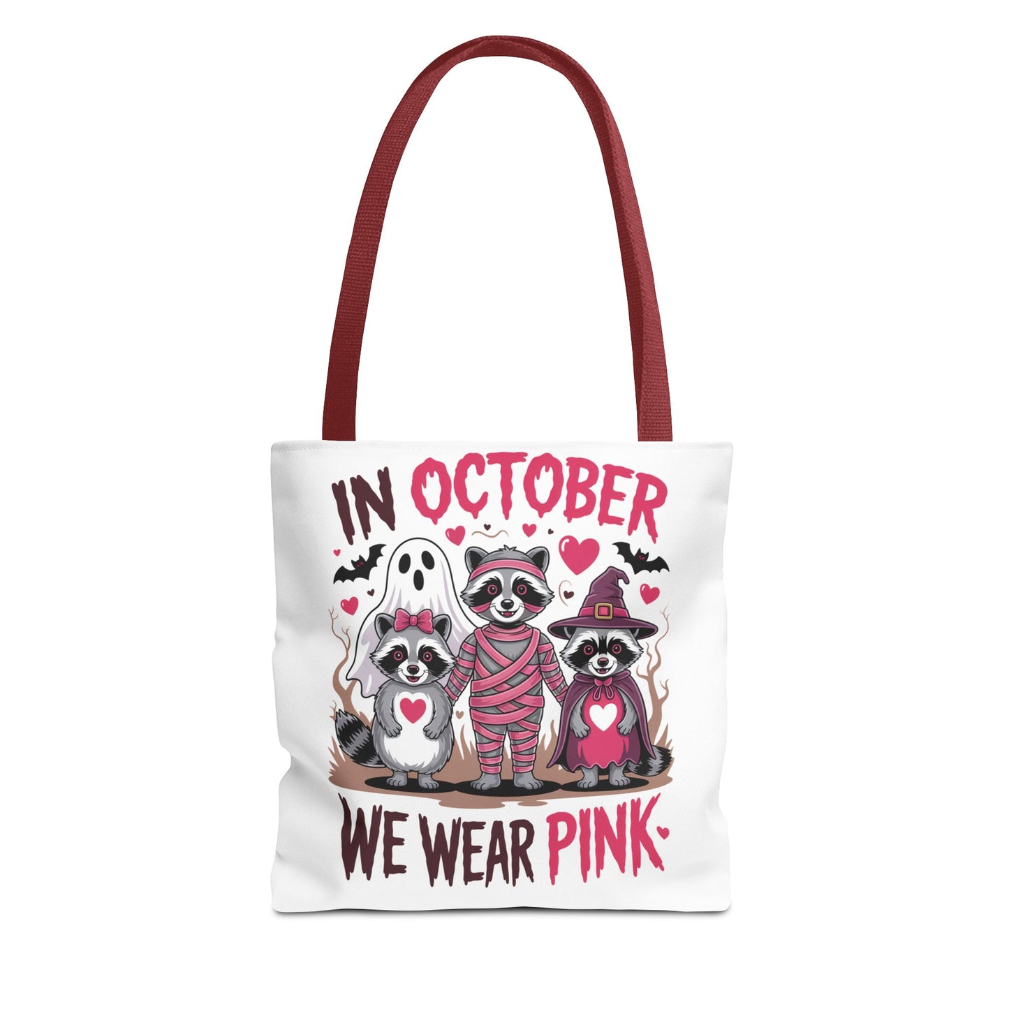 🎀 In October We Wear Pink Raccoon Halloween Tote Bag – Spooky Cute Awareness Style 🦝👜