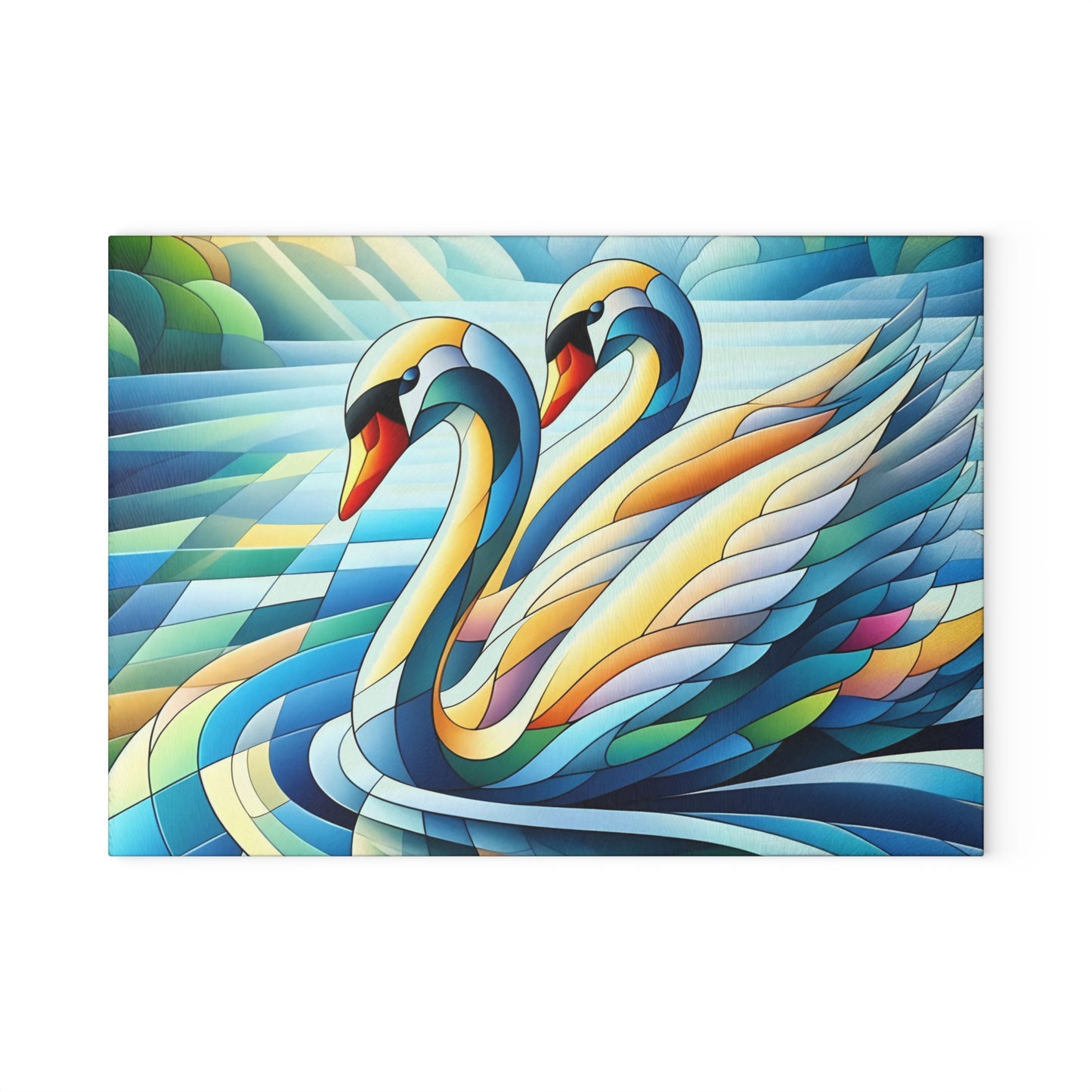 Tabla de cortar de vidrio con dos cisnes cubistas – Escena artística de río