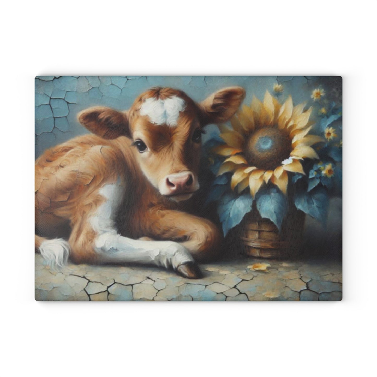 🌻 Sunflower Calf Glass Cutting Board – Rustic Farmhouse Charm for Your Kitchen