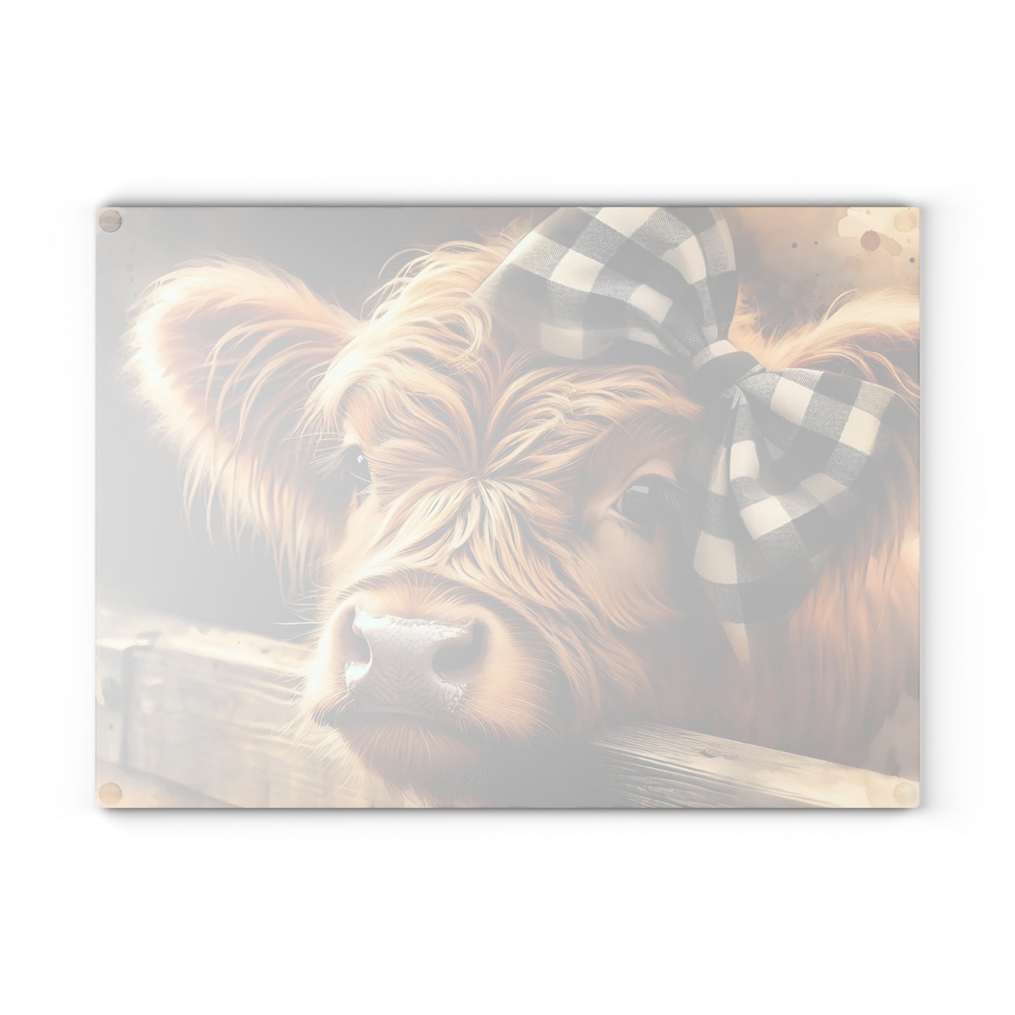 Tabla de cortar de vidrio con diseño de vaca de las Tierras Altas y lazo a cuadros – Decoración de cocina rústica