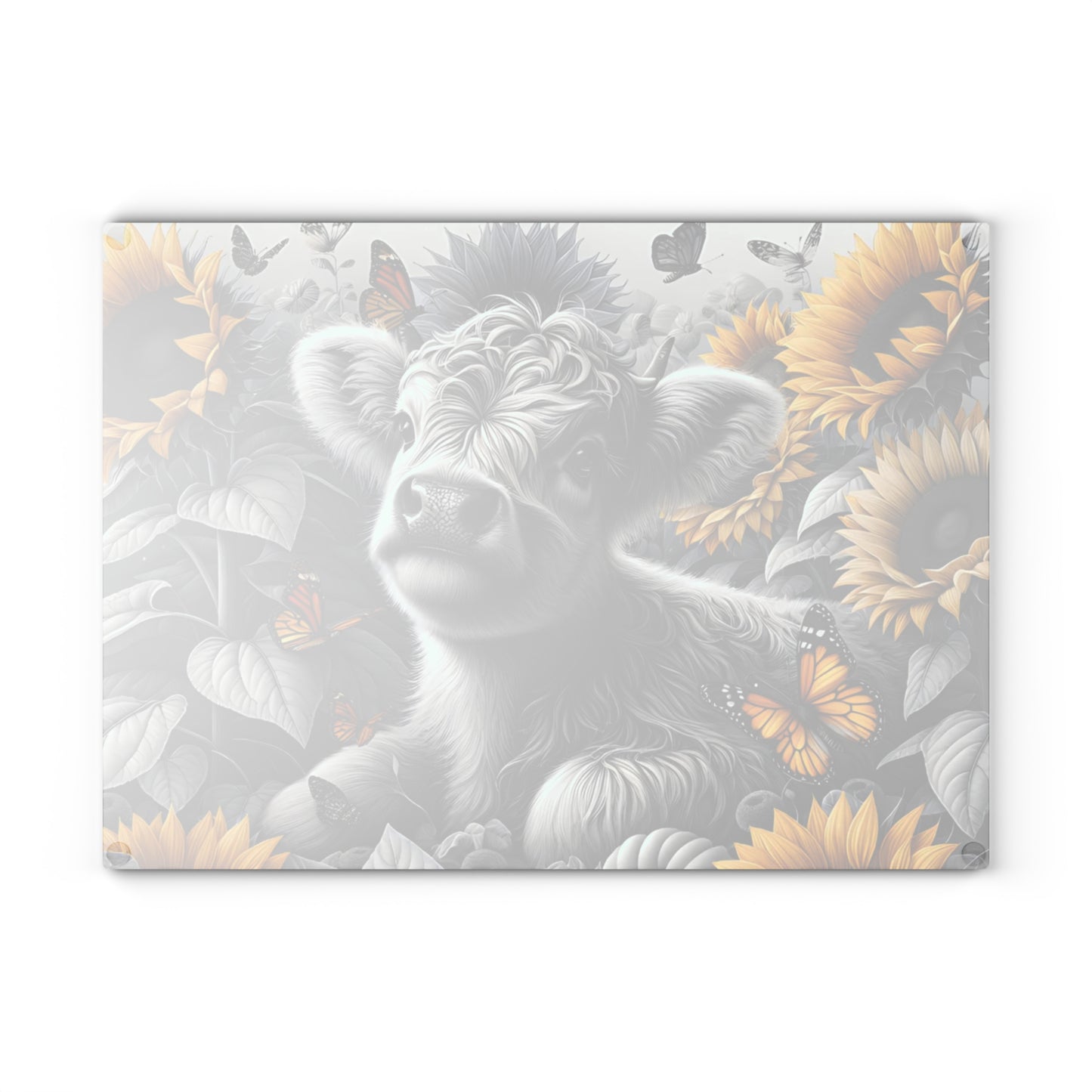 🐮 Black & White Calf with Sunflowers & Butterflies Cutting Board – Rustic Farmhouse Beauty in Glass