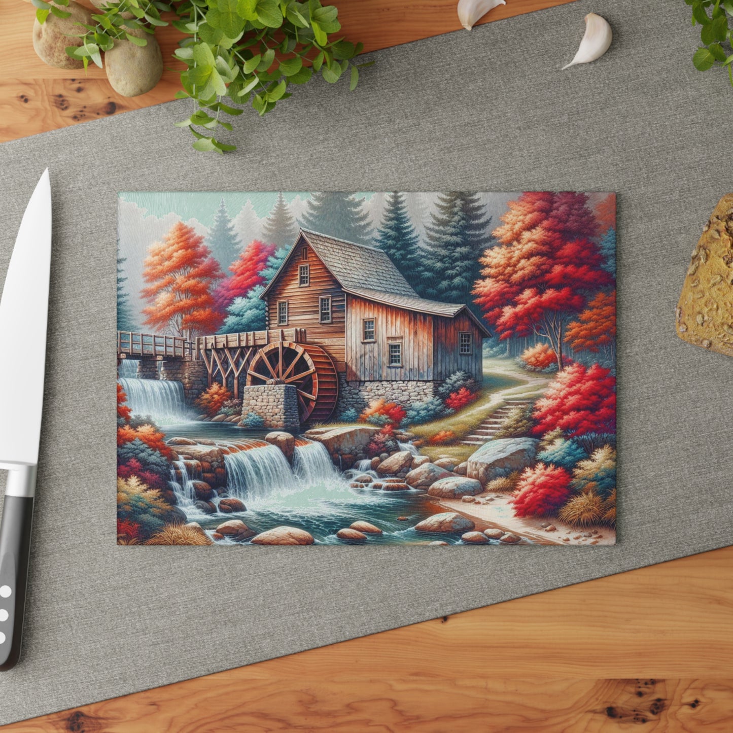 🌊 Rustic Watermill Cutting Board – Tranquil Autumn Charm for Your Kitchen