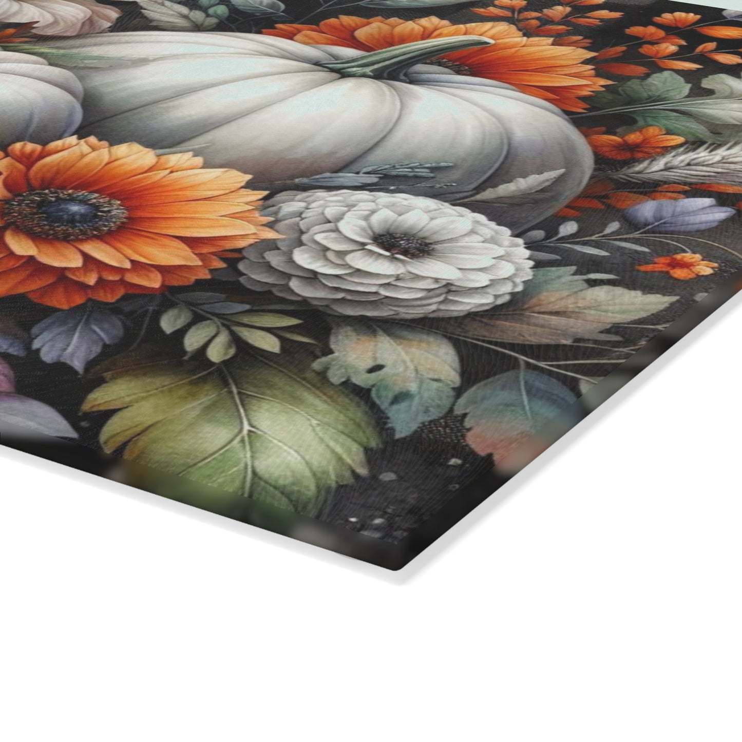🎃 White Pumpkin & Floral Cutting Board – Rustic Elegance Meets Autumn Charm