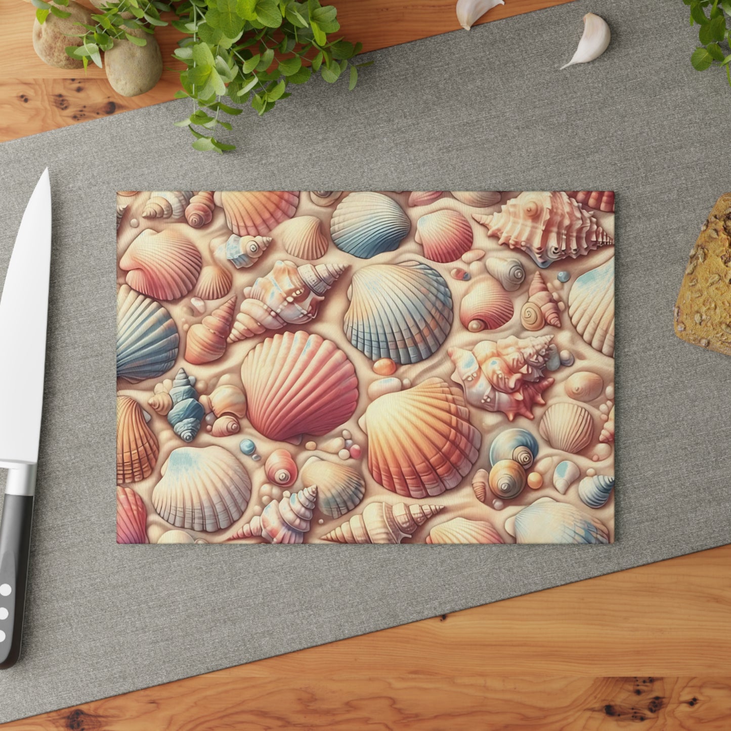 Tabla de cortar de vidrio con forma de concha: Elegancia costera para tu cocina