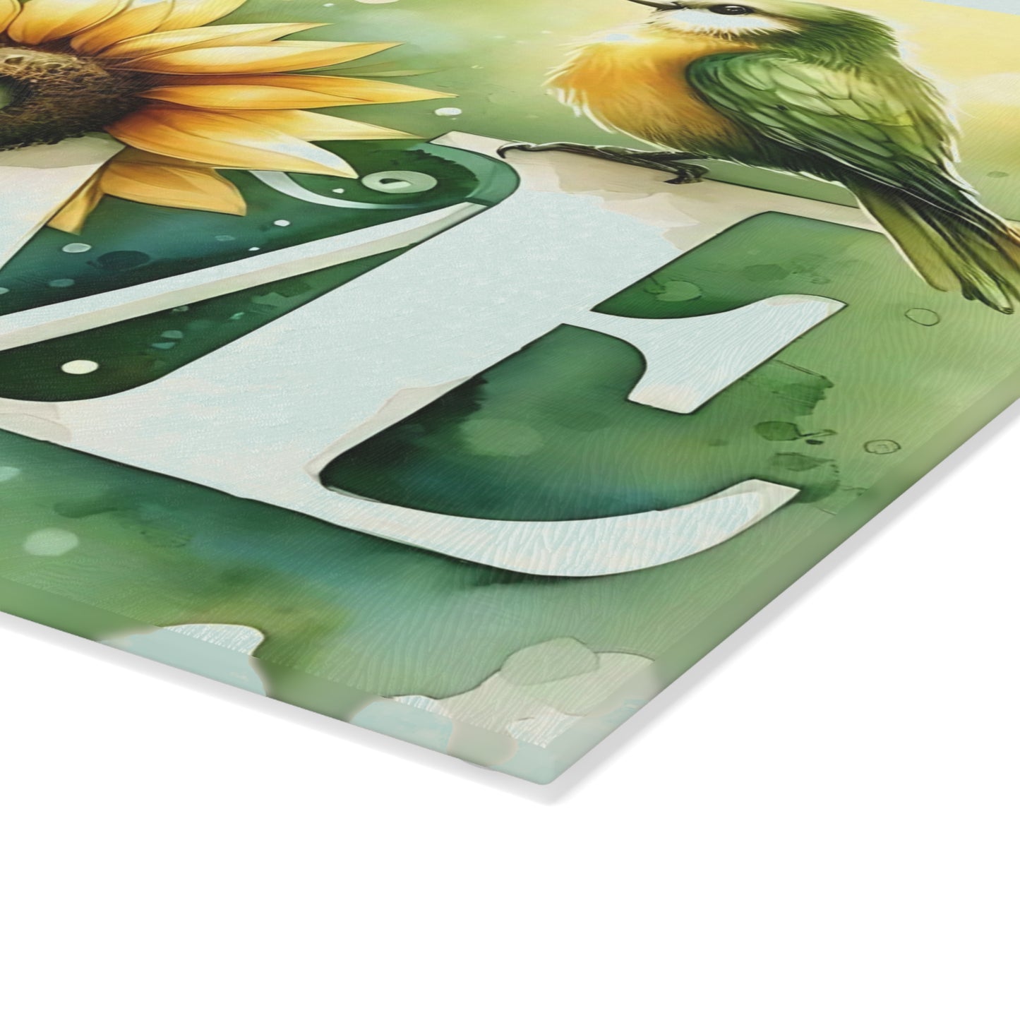 Tabla de cortar, diseño de amor con pájaros y girasoles, decoración de cocina, bandeja de vidrio para servir, regalo de inauguración de la casa, utensilio de cocina