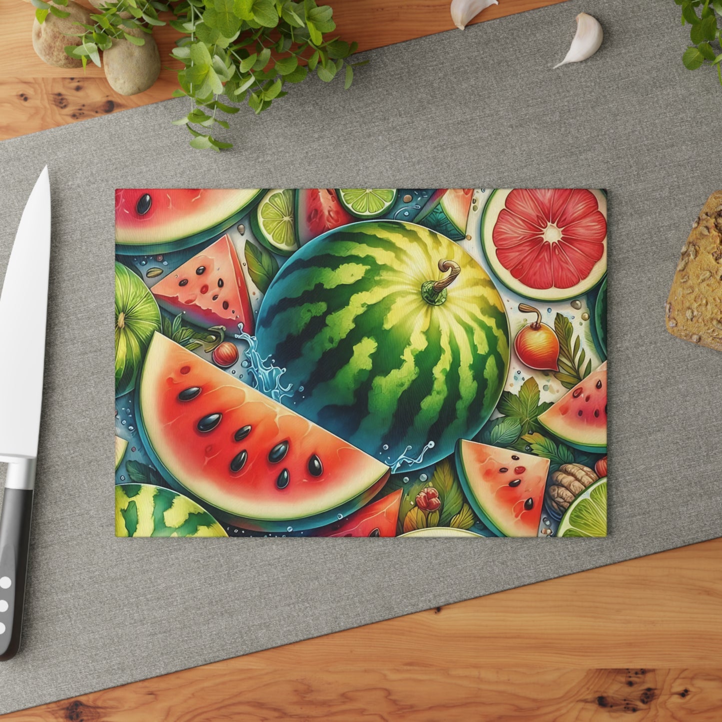 Tabla de cortar de vidrio con sandía jugosa: un dulce ambiente de cocina de verano