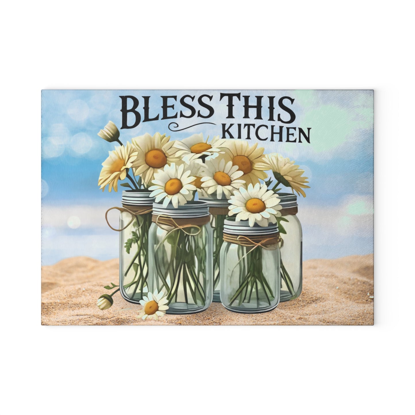 Tabla de cortar de vidrio, Bendice esta cocina, decoración de playa, cocina costera, cocina de granja, tabla de charcutería, tabla de cortar personalizada, flores