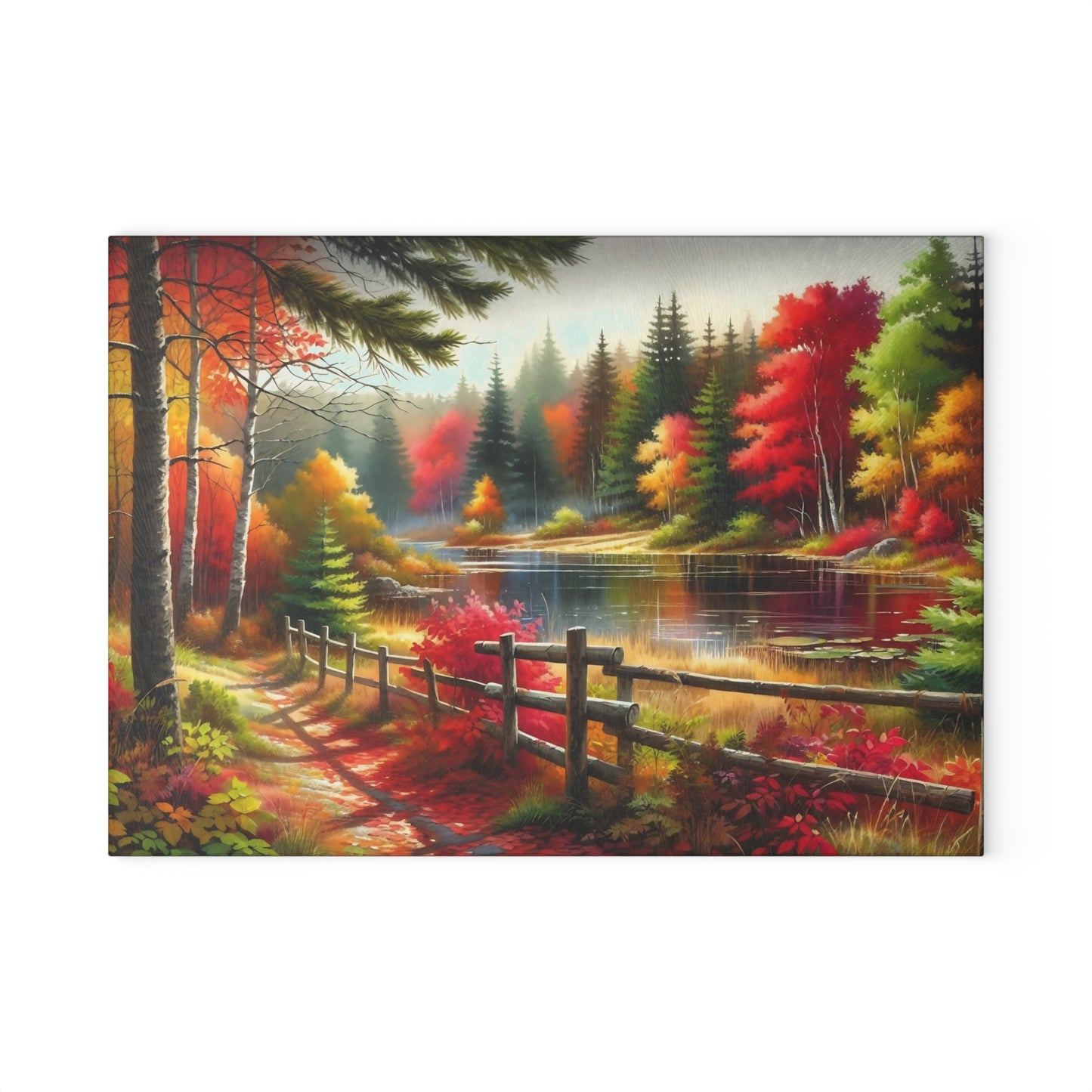 🍂 Autumn Lake Path Cutting Board – Tranquil Forest Beauty for Your Fall Kitchen