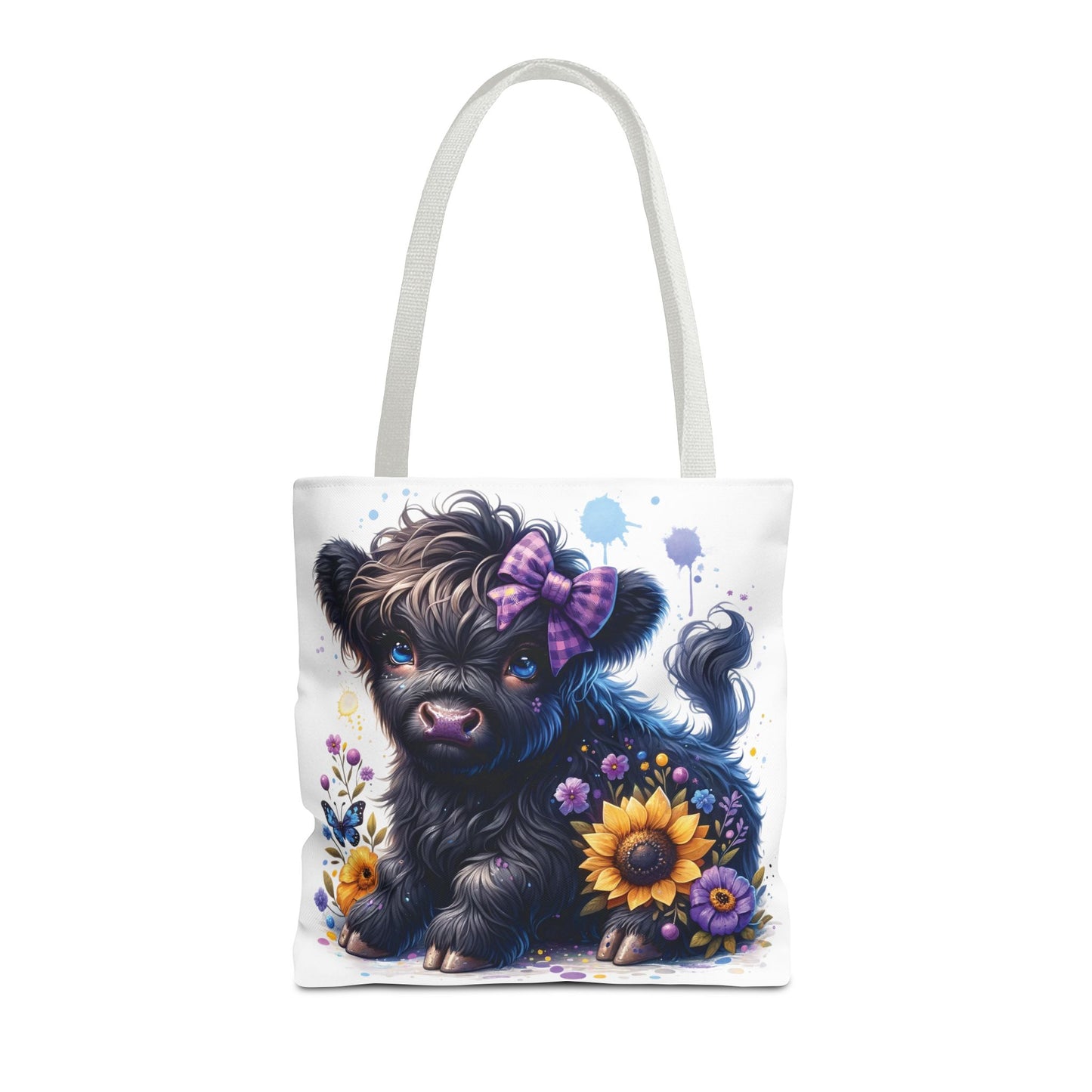 💜 Purple Bow Black Highland Calf Tote Bag – Country Charm with a Pop of Color 🐮👜