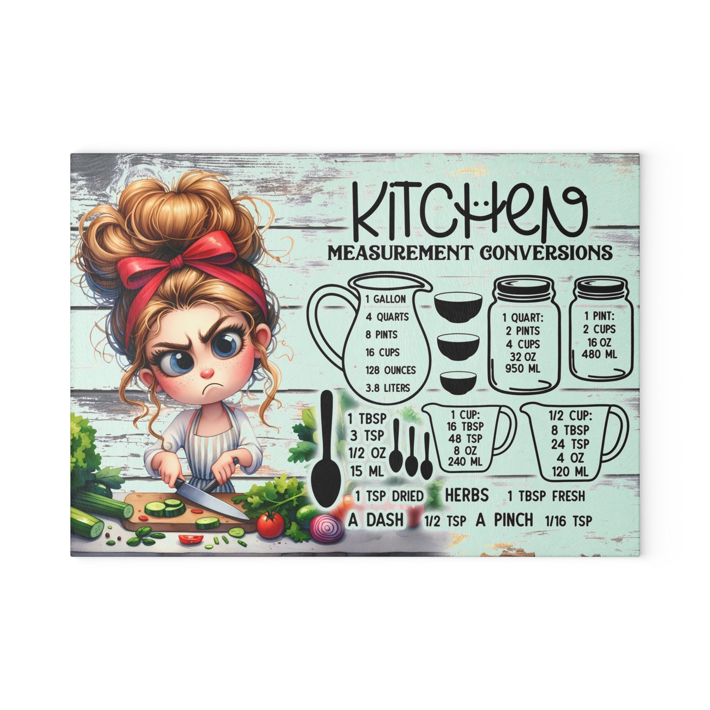 Tabla de cortar de vidrio para “Conversión de medidas en la cocina” – Guía de cocina de la mujer gruñona de dibujos animados